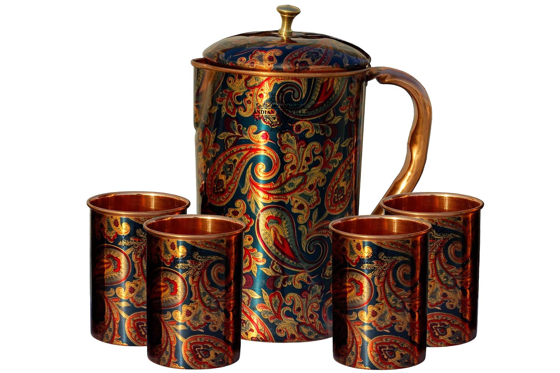 Indian Art Villa Printed Design Pure Copper 1 Jug 4 Glass Set - 50 Oz Jug & 10 Oz Glasses (5-Piece) - Elegant Drinkware for Water Storage & Serving - Perfect for Home, Parties & Traditional Ceremonies - Blue Color