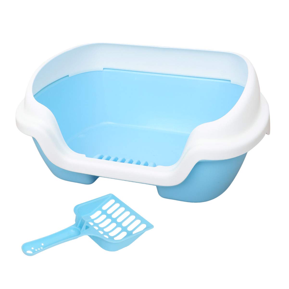 POPETPOP Self-Cleaning Cat Litter Box - Semi-Enclosed Plastic Cat Toilet Pan with Scoop (40x30x18cm, Blue) - Easy Clean Cat Potty for Indoor Cats | Perfect for Small Spaces & Multi-Cat Homes