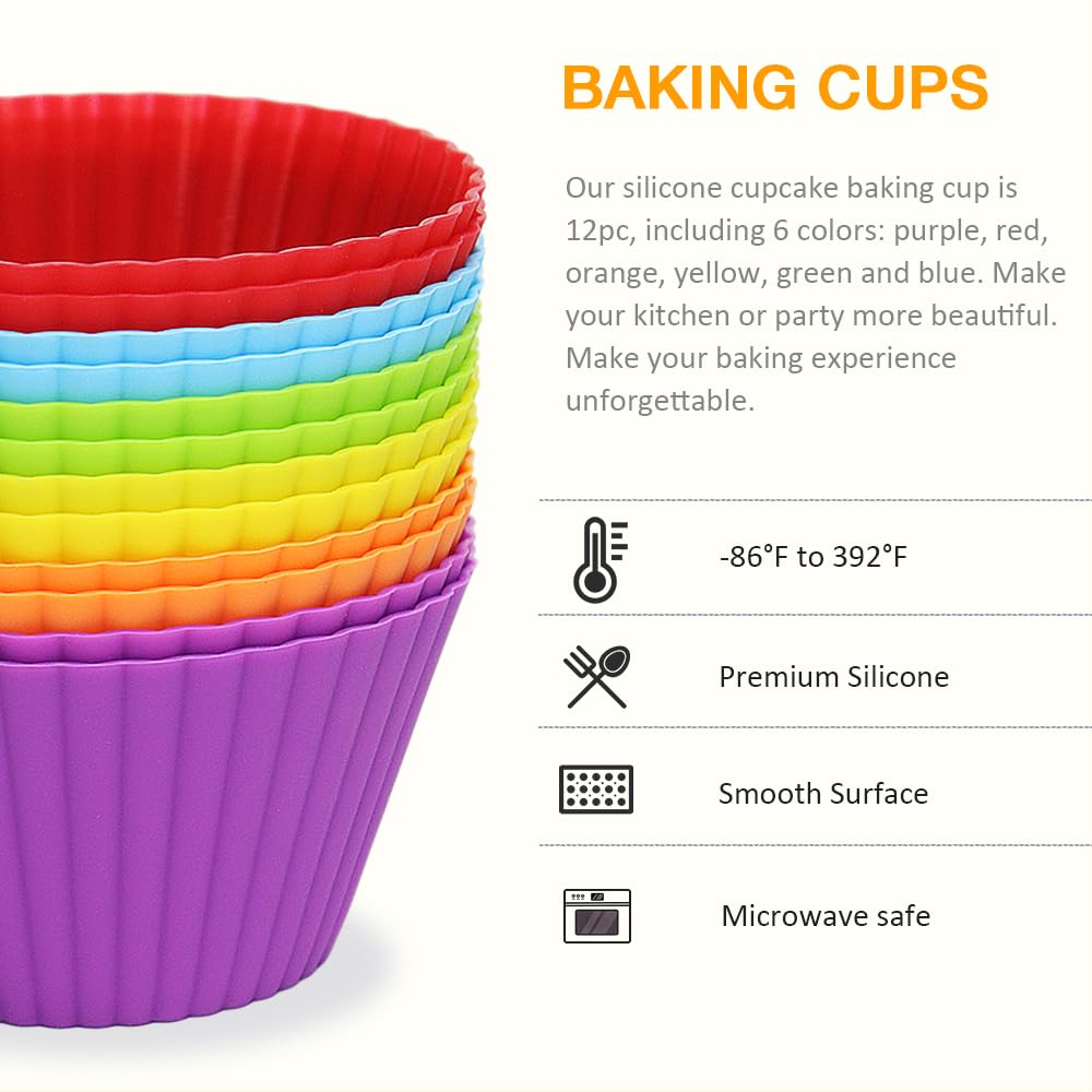 Extra Large Silicone Cupcake Muffin Cups 12 Pack - 3.54 Inch Reusable Jumbo Baking Liners for Cupcakes, Muffins & Desserts - Non-Stick, Easy Clean, Oven & Freezer Safe (Multicolor) - Perfect for Baking, Party Treats & Meal Prep