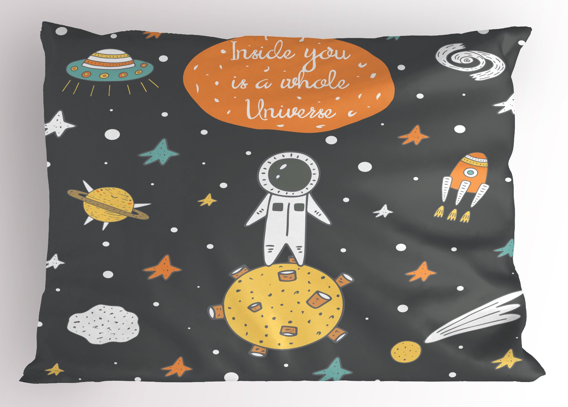Ambesonne Outer Space Pillow Sham | Doodle Style Astronaut, Alien Planets & Spaceships Design | Decorative Standard Size Printed Pillowcase (26x20 Inches) | Multicolor Cosmic Theme | Perfect for Kids' Room, Space-Themed Bedroom or Sci-Fi Decor