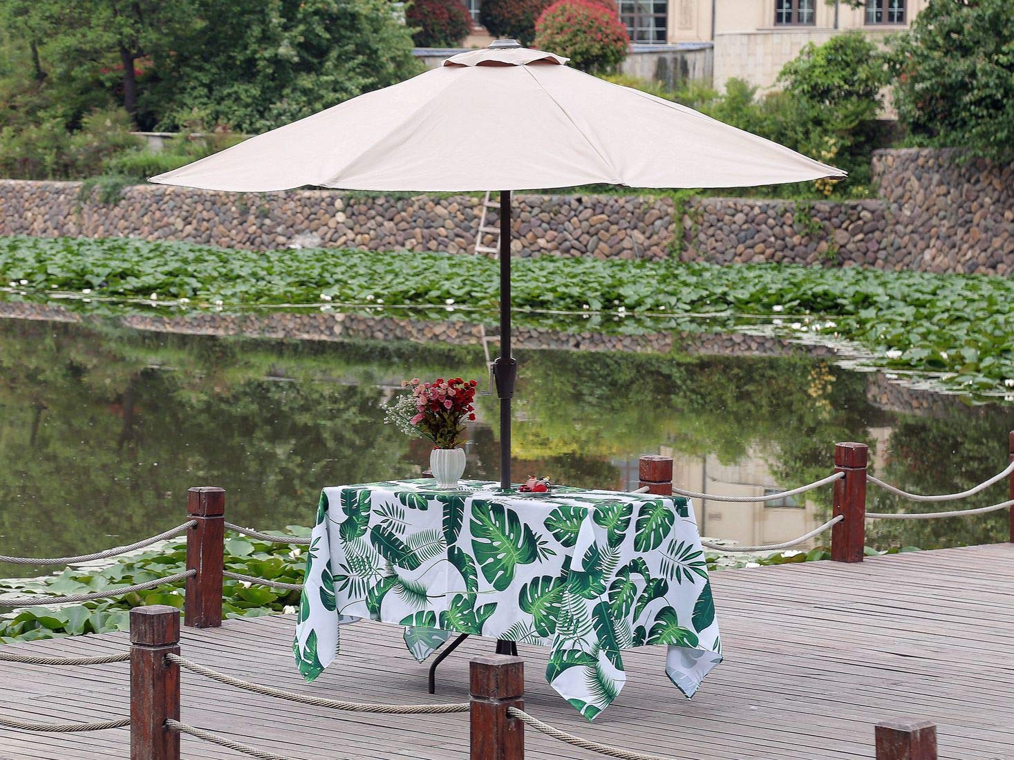 Poise3EHome Waterproof Outdoor Tablecloth with Umbrella Hole - 60x104 Inch Rectangle Tropical Green Palm Leaf Design for Picnic, Camping, Patio & Spring Parties - Durable Zippered Cover for Dining Tables, Garden Furniture and Beach Outings