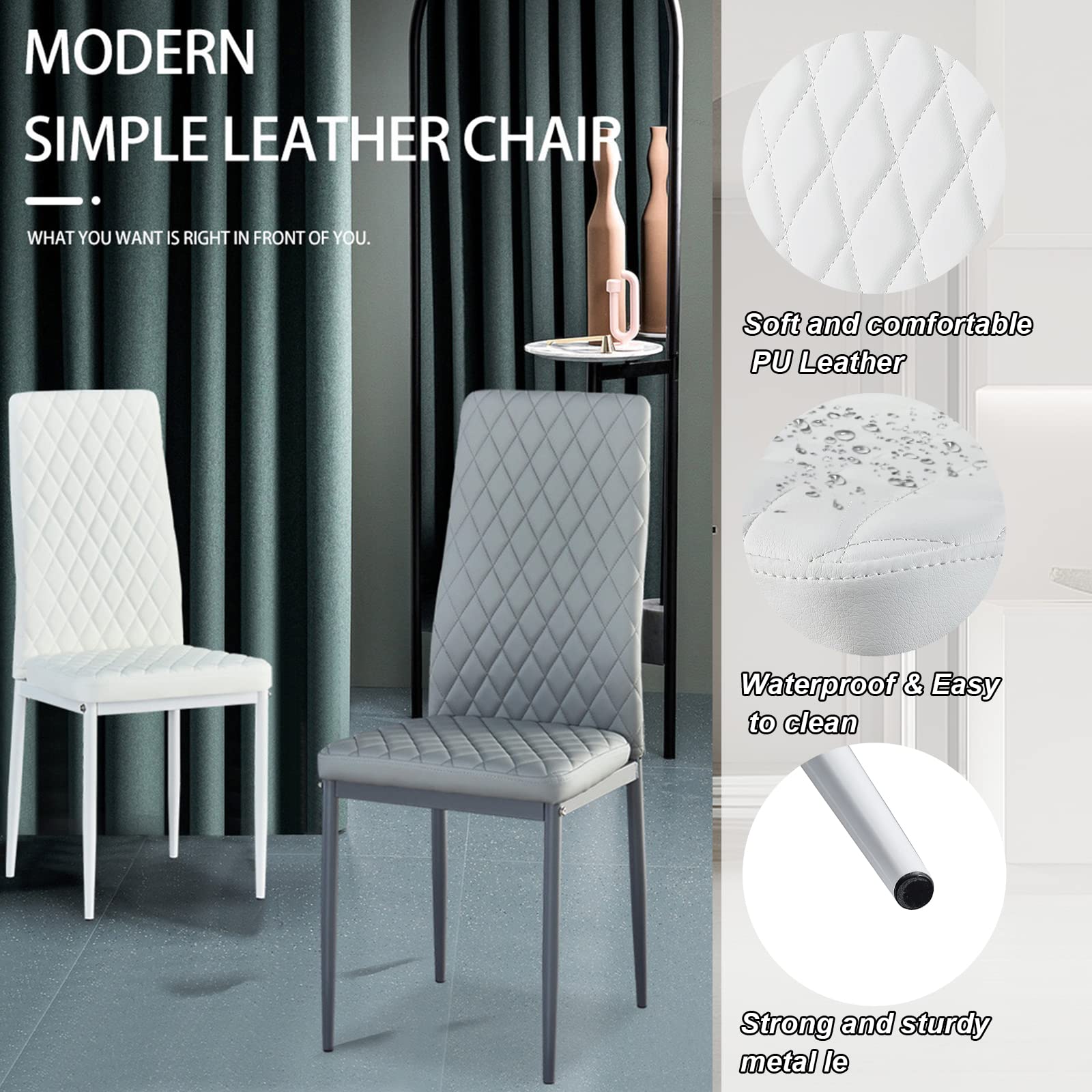Modern PU Leather Dining Chairs Set of 4 - Armless Side Chairs with Metal Legs for Kitchen, Living Room & Dining Room - Comfortable White Seating for Home, Office & Restaurant Use