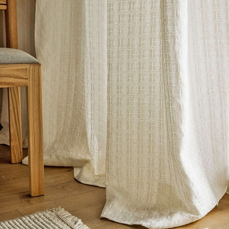 Rémy Linen Jacquard Square Weave Semi-Sheer Curtains - Beige | Light Filtering Window Treatment for Living Room & Bedroom