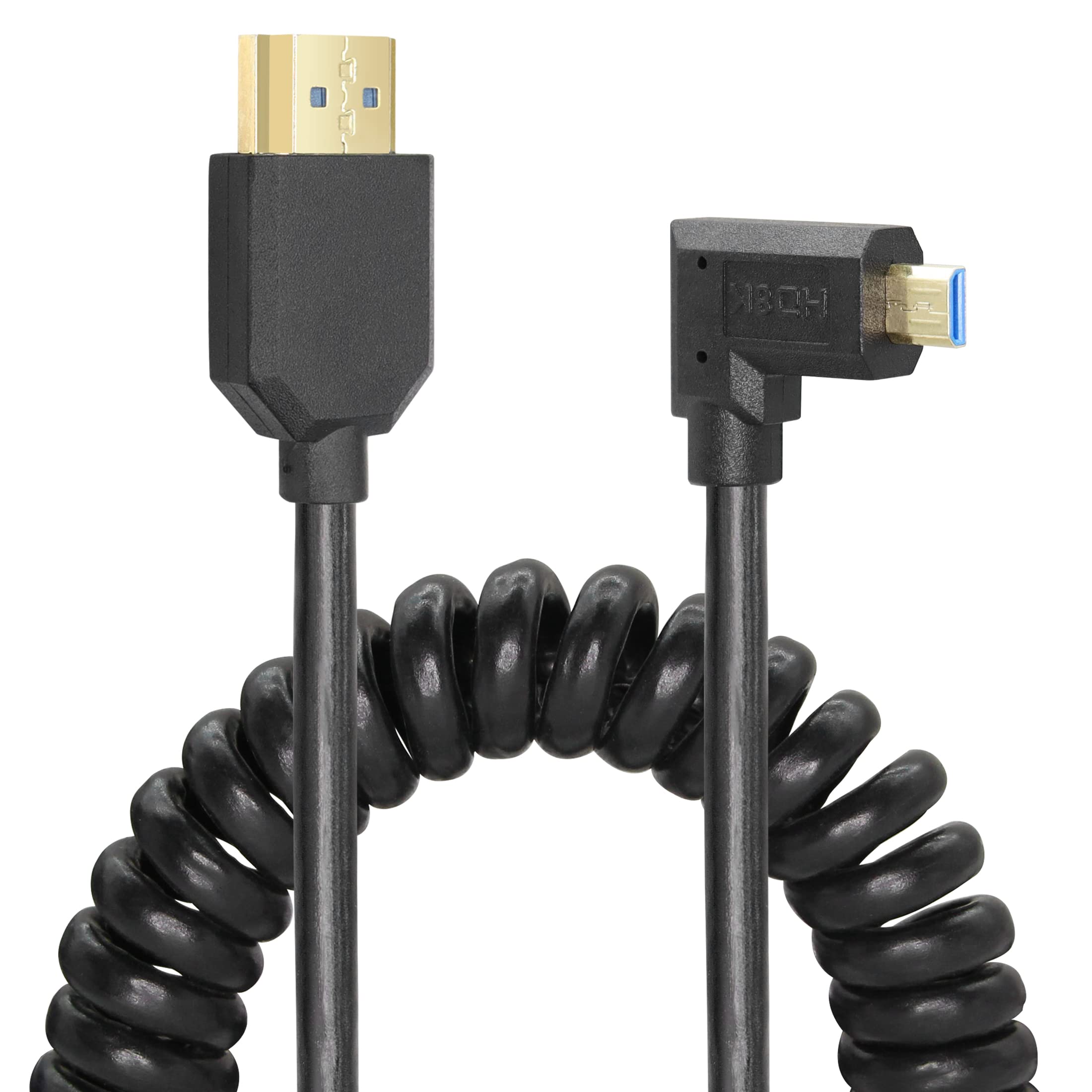 YACSEJAO 8K HDMI 2.1 Coiled Telescopic Cable - Micro HDMI to HDMI, High Speed 48Gbps, 120Hz, Dynamic HDR - Perfect for Digital Cameras, DSLRs, and Professional Video Equipment (Left Angle Design)