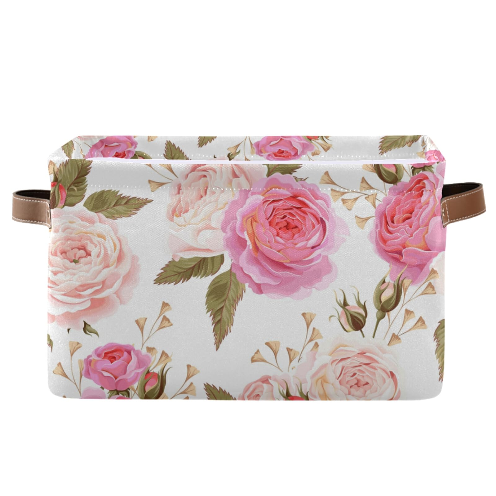 Susiyo Large Foldable Storage Bin - Floral Pink Roses Fabric Collapsible Basket with PU Handles | Organizer for Shelves, Closet, Bedroom & Living Room | Perfect for Home Organization & Decorative Storage (1-Pack)