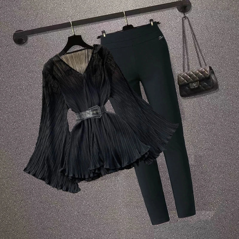 Elegant OL Flared Sleeve V-Neck Blouse & Stretchy Pants Set for Women - Autumn Winter Office Wear & Casual Outfits