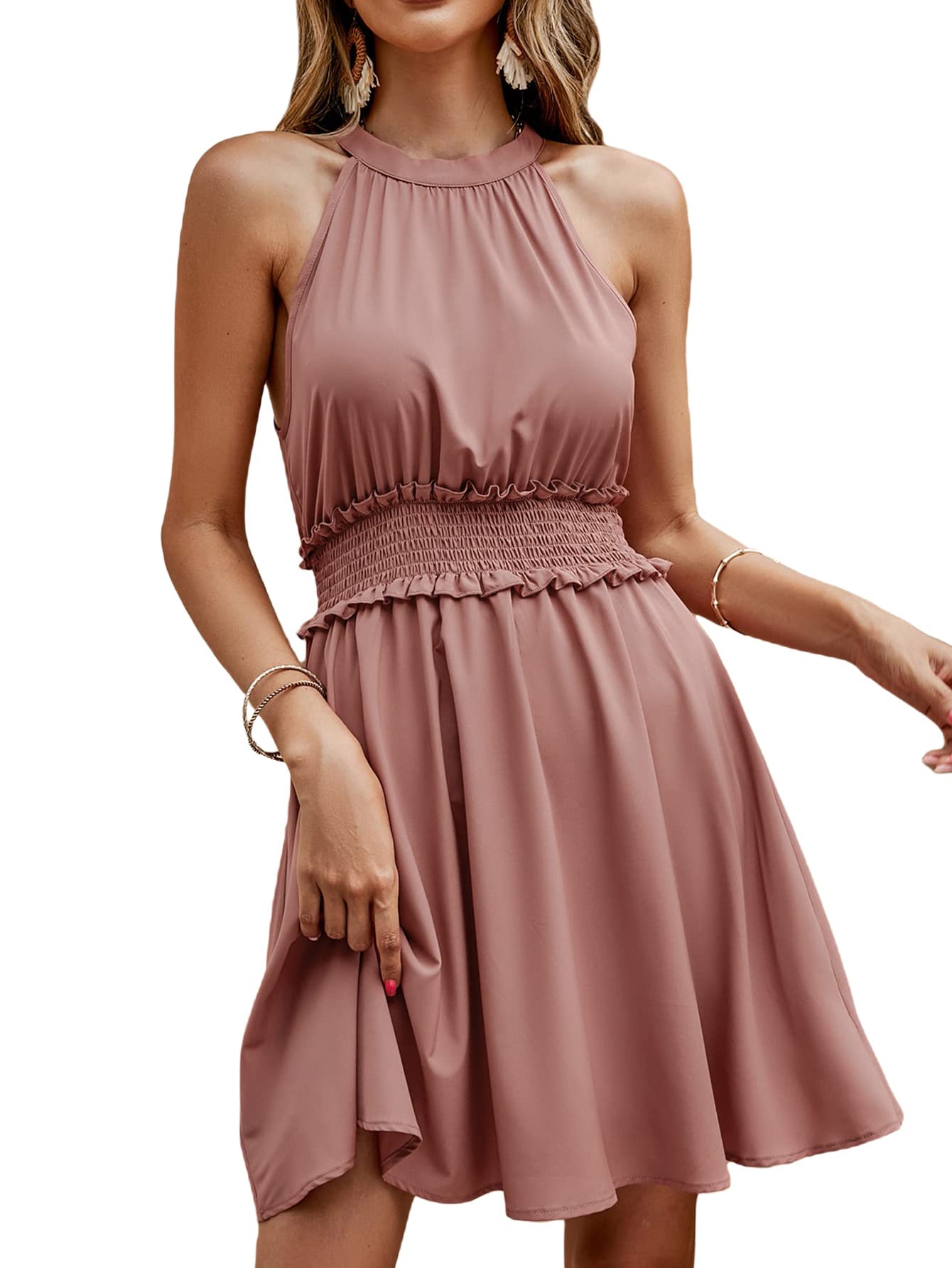 Milumia Women's Elegant Halter Neck Smocked High Waist A-Line Mini Dress with Frill Trim - Perfect for Summer Parties, Beach Vacations & Date Nights