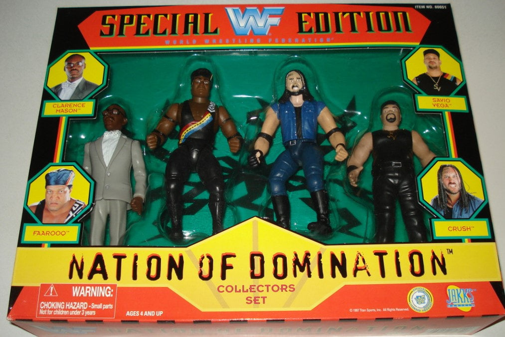 1997 WWF Jakks Pacific Special Edition Nation of Domination Wrestling Figure Box Set - Clarence Mason, Farooq, Savio Vega & Crush - Exclusive Collectible for Wrestling Fans & Nostalgic Gift for WWF Enthusiasts - Perfect for Display, Play & Memorabilia Collection