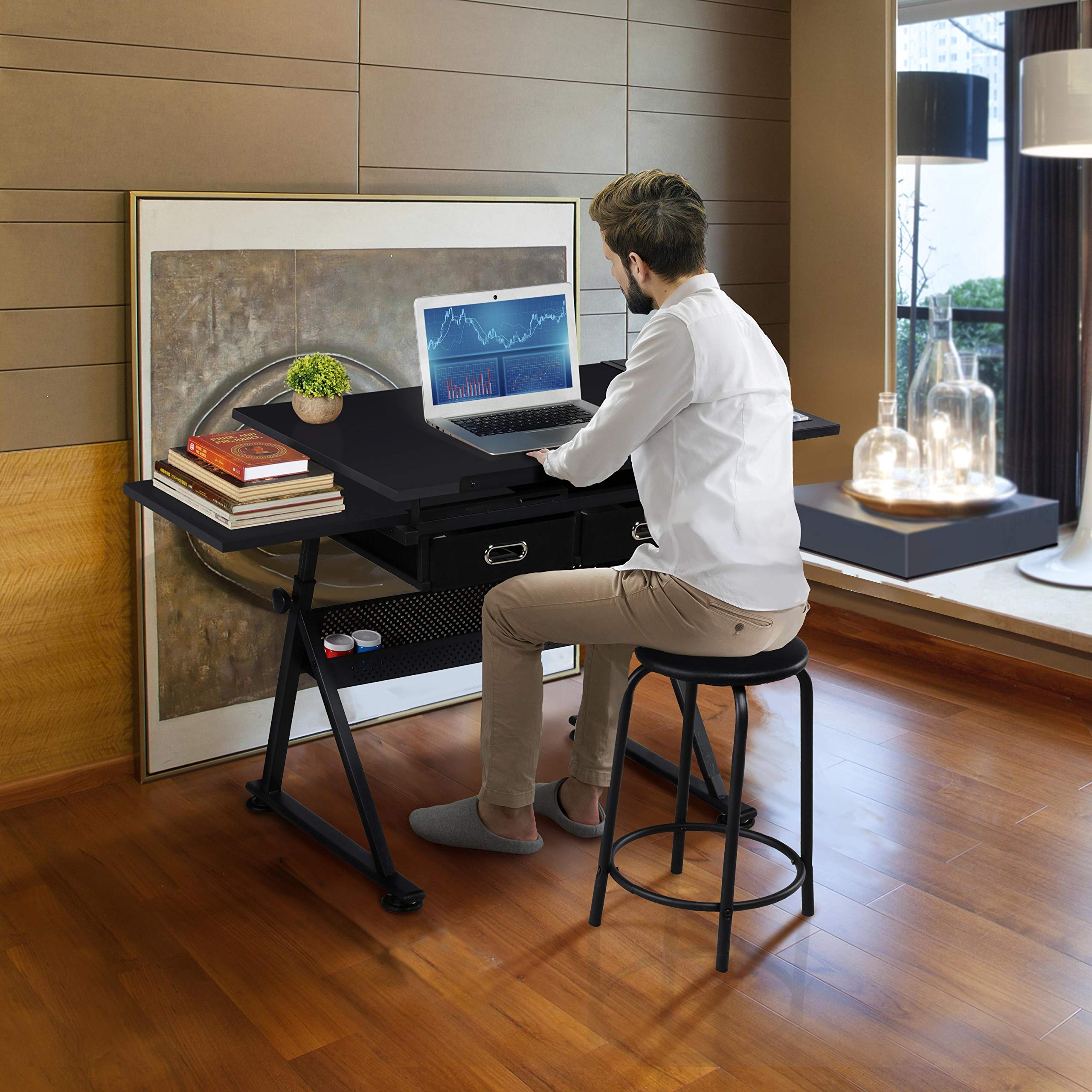 Yaheetech Adjustable Drafting Table for Artists - Height Adjustable Drawing Desk with 2 Storage Drawers & Stool - Perfect for Diamond Painting, Crafting, Home Office & School Use - Black Art Workstation