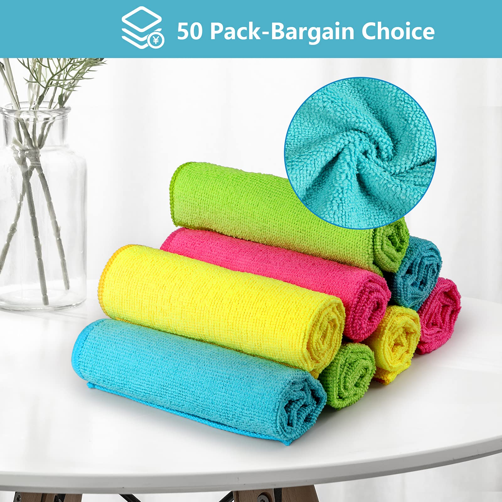 Premium Microfiber Cleaning Cloths 50-Pack - 4 Colors for Home & Car Care