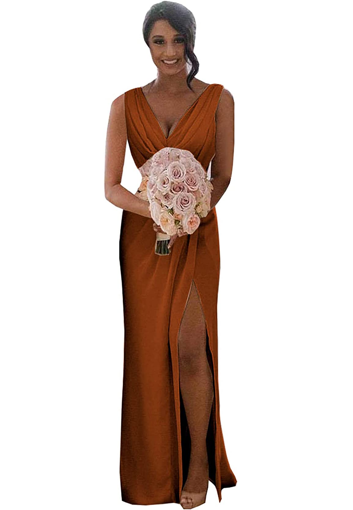 ANGELWARDROBE Women's Long V-Neck Chiffon Bridesmaid Dress with Slit - Elegant Wedding Formal Gown for Prom, Party & Special Occasions