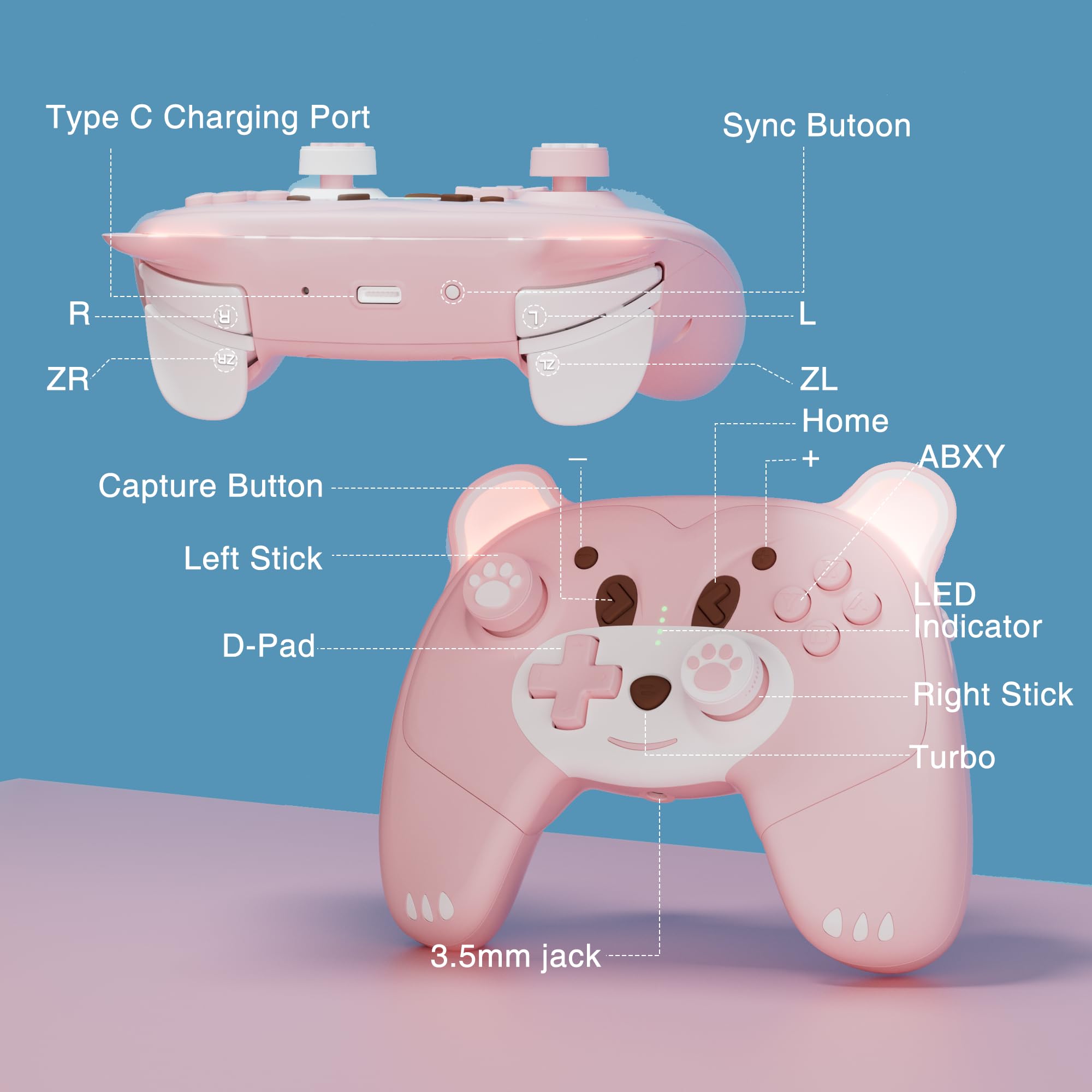 Mytrix Pink Wireless Pro Controller for Nintendo Switch & Switch Lite - Ergonomic Gamepad with Macro, Turbo, Motion Control, Vibration & Breathing LED Lights | Perfect Gift for Girl & Boy Gamers | Ideal for Mario Kart, Animal Crossing & Multiplayer Gaming Sessions