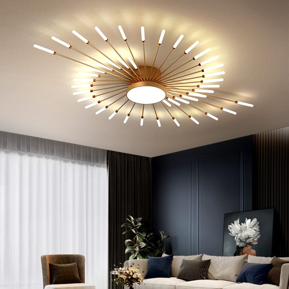 Modern Sputnik Ceiling Light Fixture - 28+1 Head Gold LED Starburst Chandelier, Semi-Flush Mount Linear Acrylic Spiral Design for Living Room, Bedroom, Dining Room & Office Lighting