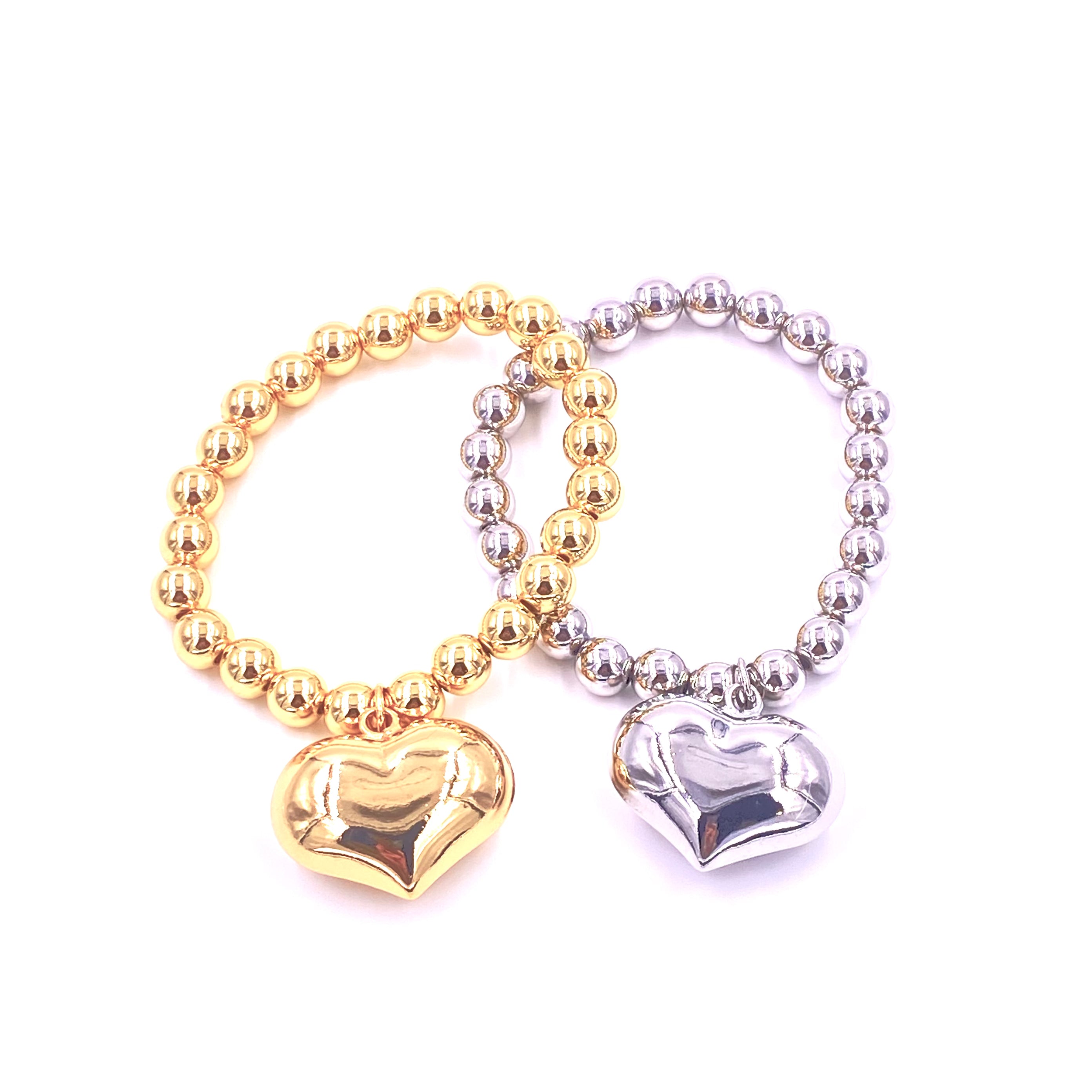Ashley Gold Stainless Steel Ball Beaded Puff Heart Stretch Bracelet for Women - Elegant Adjustable Charm Bangle for Valentine's Day, Anniversary Gift, Party & Everyday Wear