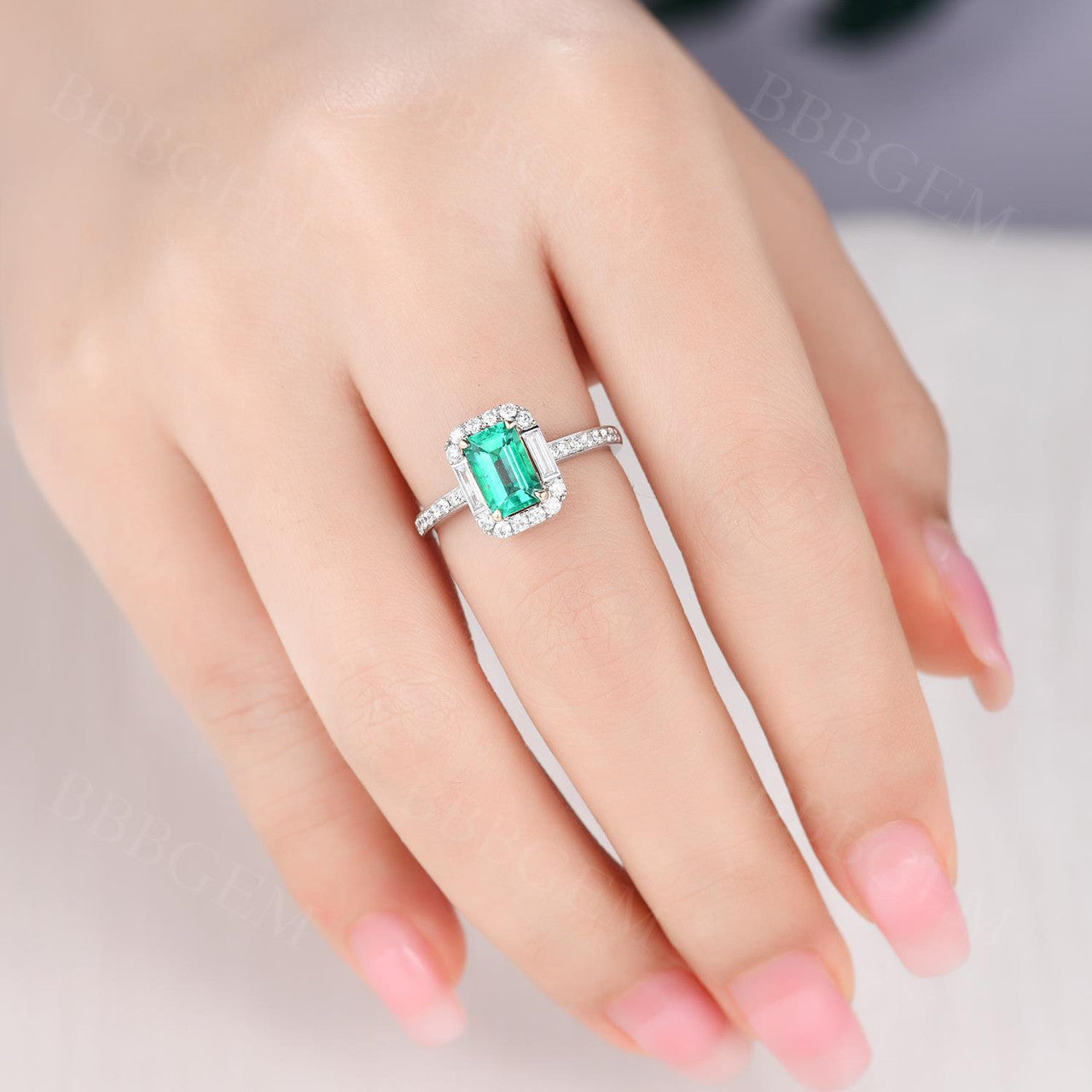 Emerald Cut Natural Emerald Engagement Ring with Diamond Halo & Baguette Diamond Pave Band - 18K White Gold for Wedding, Proposal & Anniversary Gifts
