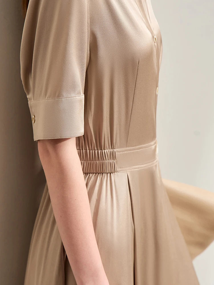Elegant Minimalist Silk Dress for Women - Summer Light Luxury Lapel Half Placket Stretch Long Shirt Dress | Perfect for Office Wear, Date Nights & Special Occasions