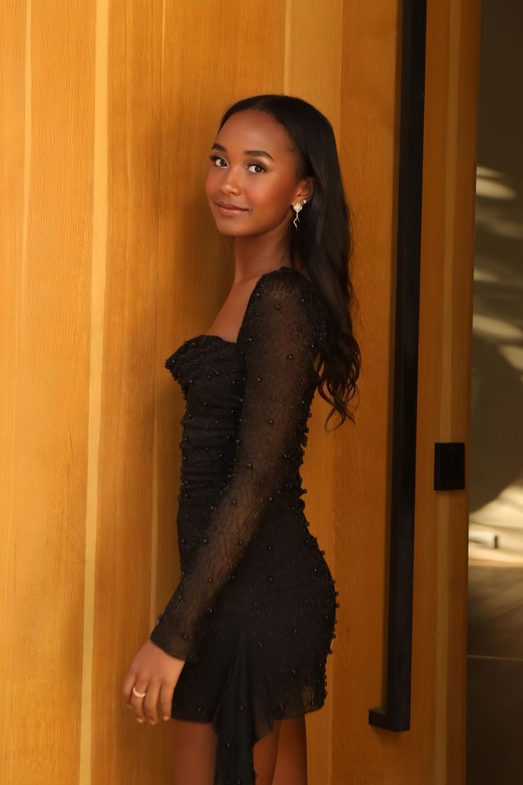 Elegant Black Long Sleeve Beaded Homecoming Dress - Sheath Short Prom Dress J4885 for Formal Events, Parties & Special Occasions