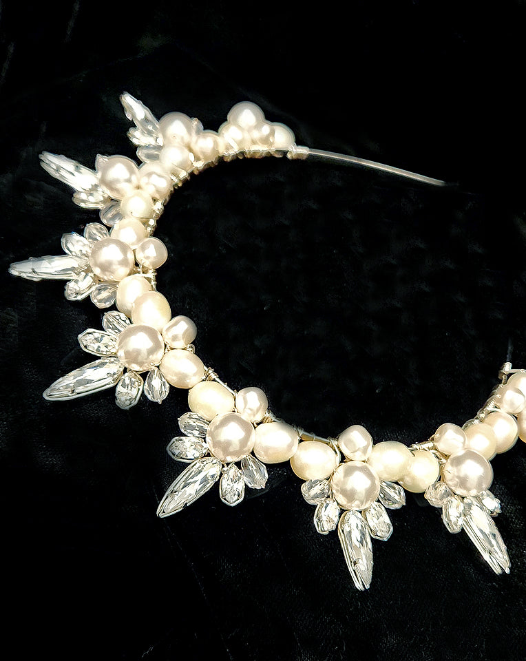 Elegant Wedding Headpiece - Clustered Pearl Crown Band with Raindrop Crystal Spikes by Kezani | Bridal Hair Accessory for Weddings, Prom & Formal Events | Buy or Rent