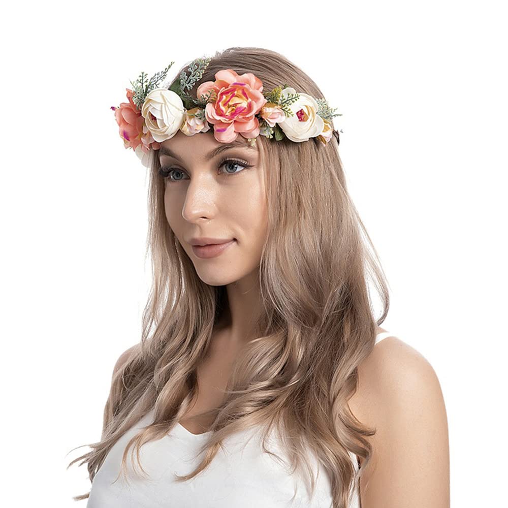 Wiwpar Orange Rose Floral Crown Headband - Adjustable Flower Hair Wreath for Women | Perfect for Weddings, Festivals & Boho Photoshoots