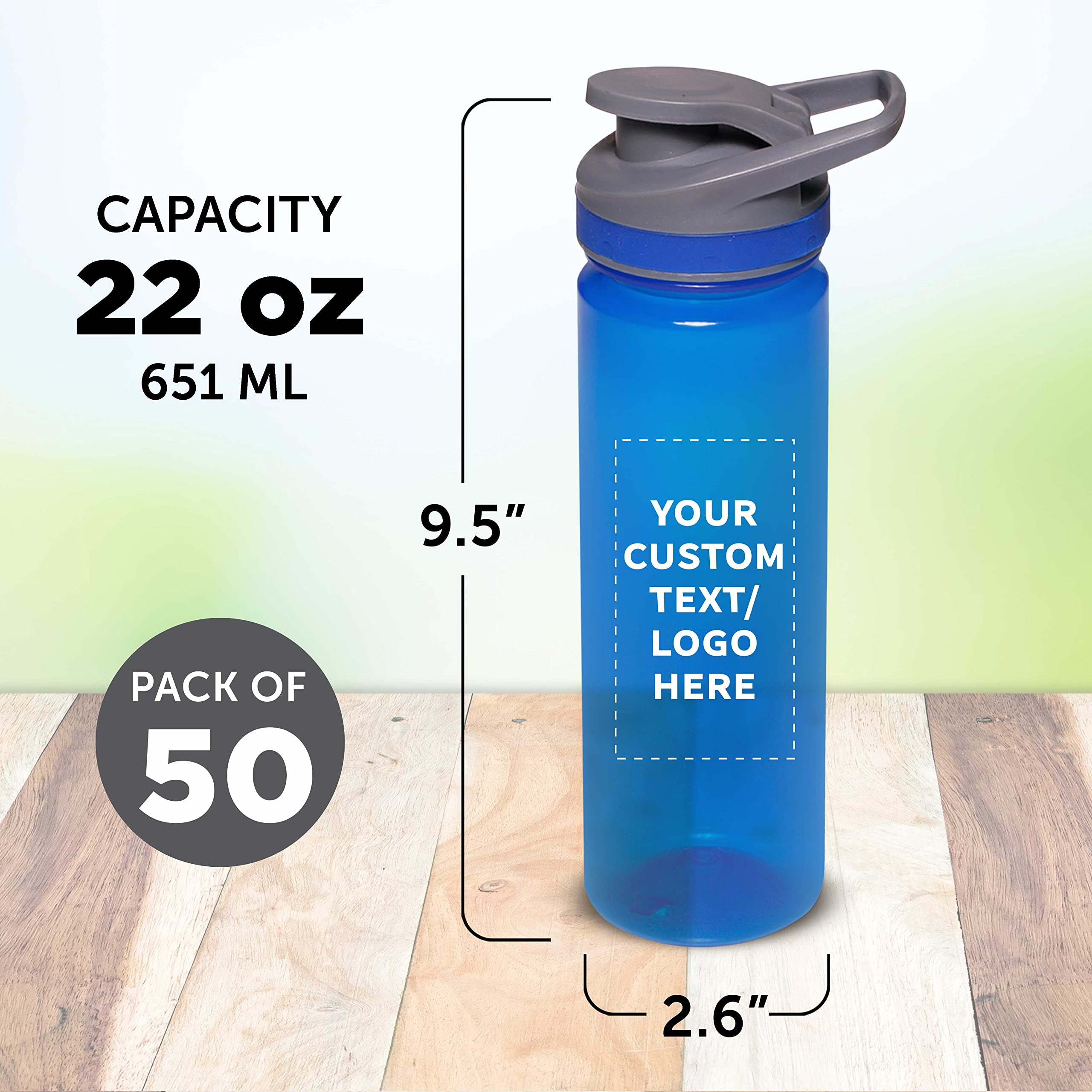 Custom Sports Water Bottles 22oz (Set of 50) - Personalized Bulk Pack - Reusable & Leakproof with Lids - Blue - Perfect for Team Sports, Gym, Schools & Corporate Events