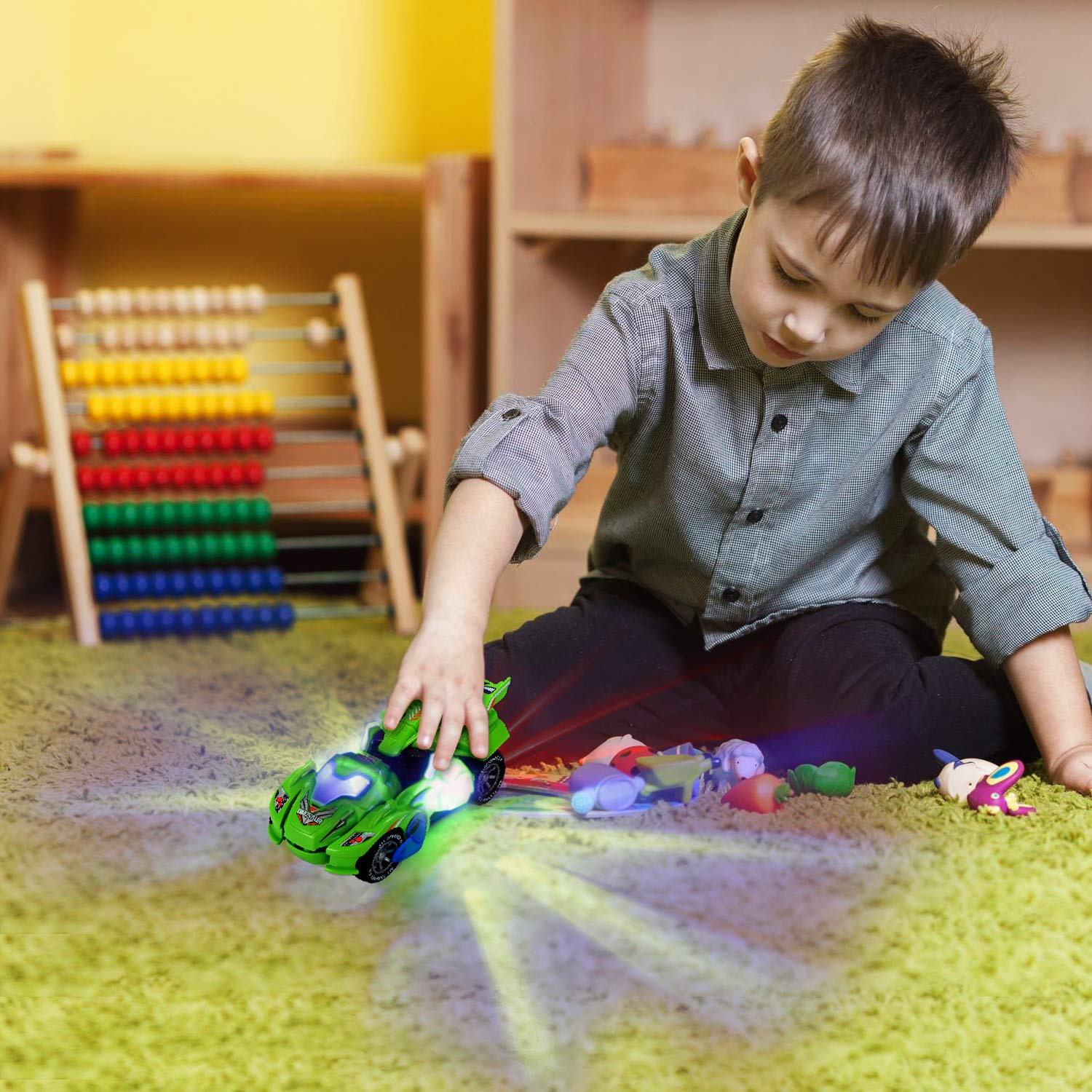 2-in-1 Transforming Dinosaur LED Car Toy - Automatic Dino Transformer Vehicle with Lights for Kids Ages 3-12 (Green) | STEM Learning Toy for Pretend Play & Nighttime Fun