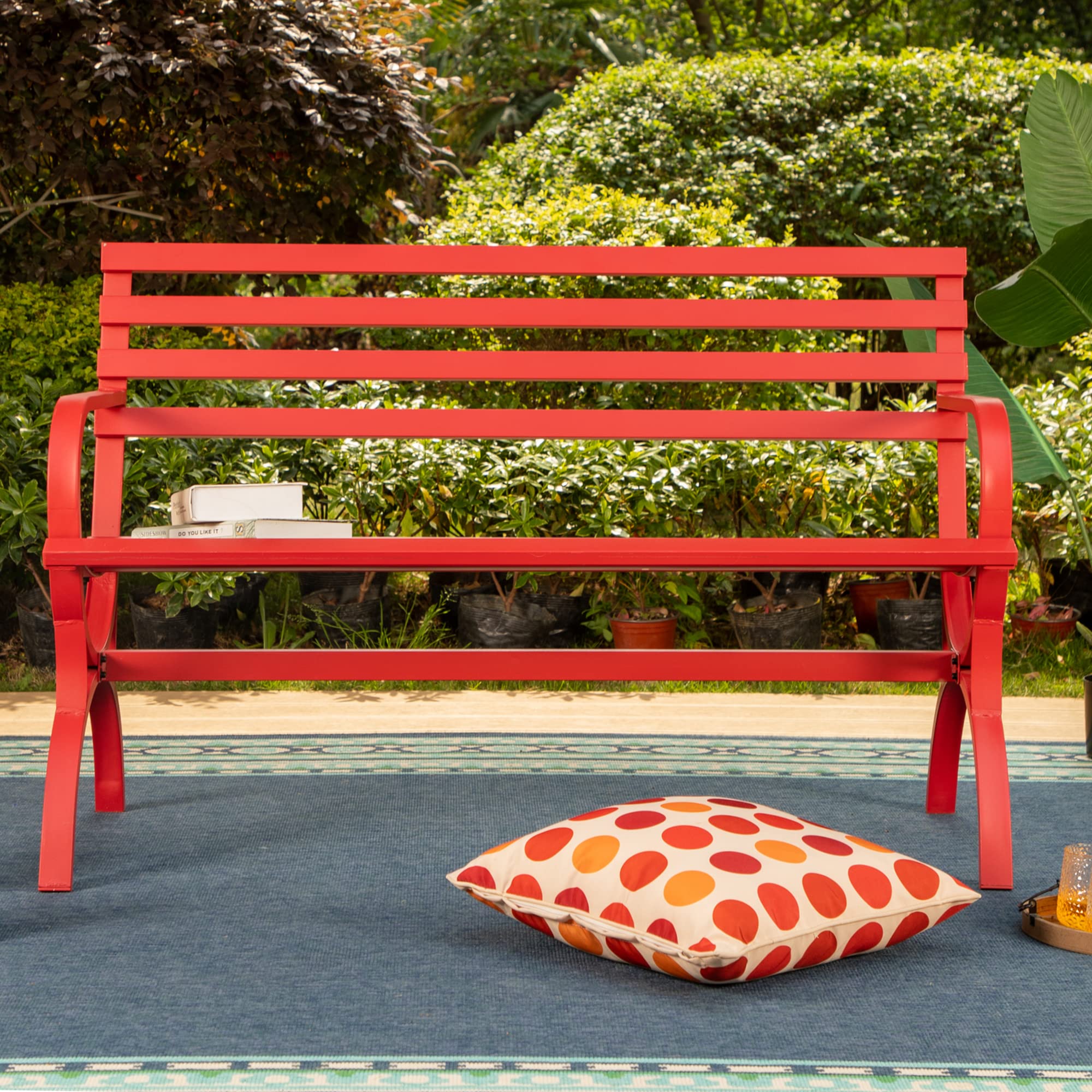 MFSTUDIO Outdoor Garden Patio Bench - Heavy Duty Iron Metal Steel Frame with Backrest & Armrest - Perfect for Lawn, Porch, Backyard, Balcony, Park (Red) | Ideal for Relaxing, Lounging, and Enhancing Outdoor Spaces