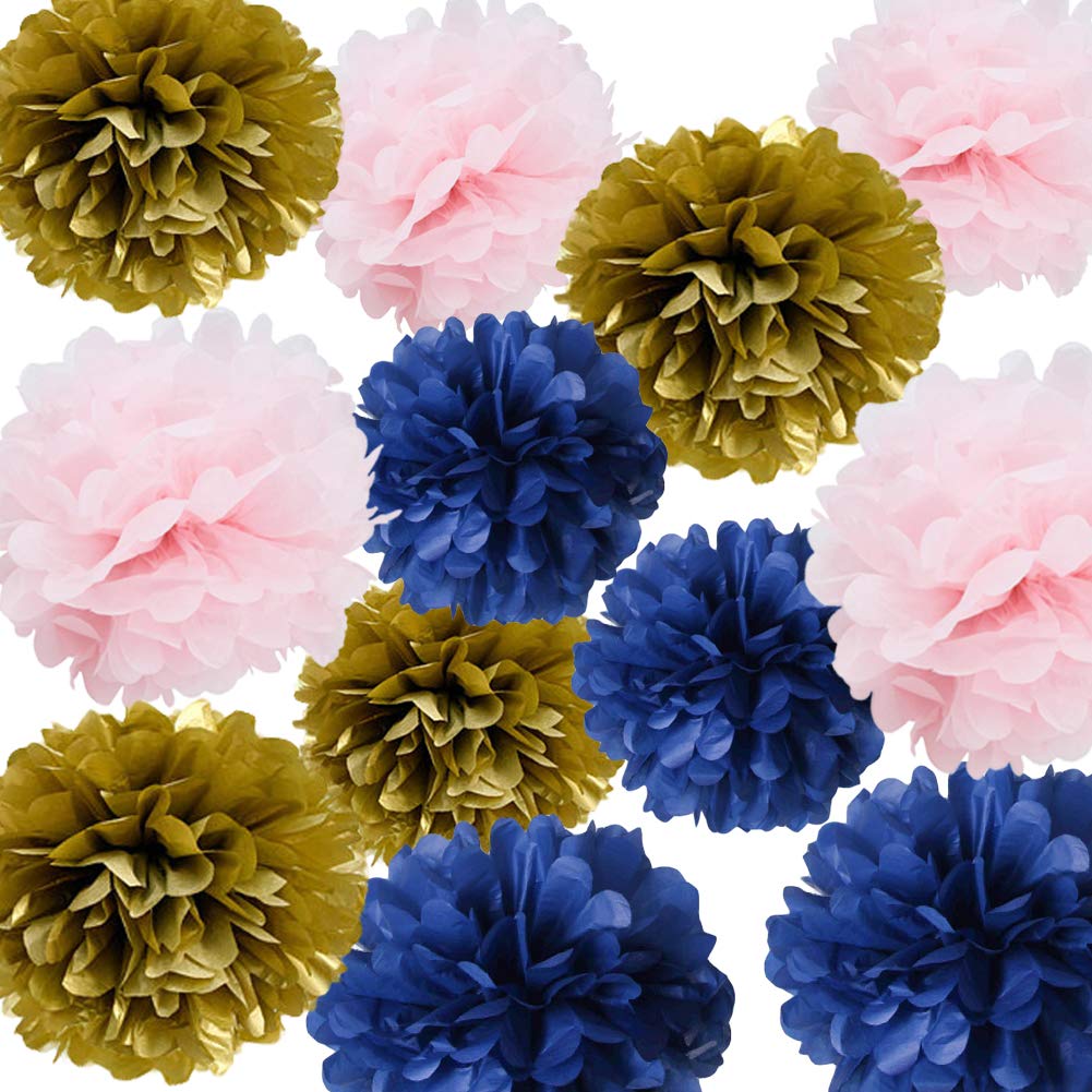HappyField 12PCS Nautical Themed Tissue Pom Poms (10inch & 12inch) - Navy Blue, Pink & Gold Wedding, Baby Shower & Party Decorations | Perfect for Nursery, Bridal Showers & Birthday Celebrations