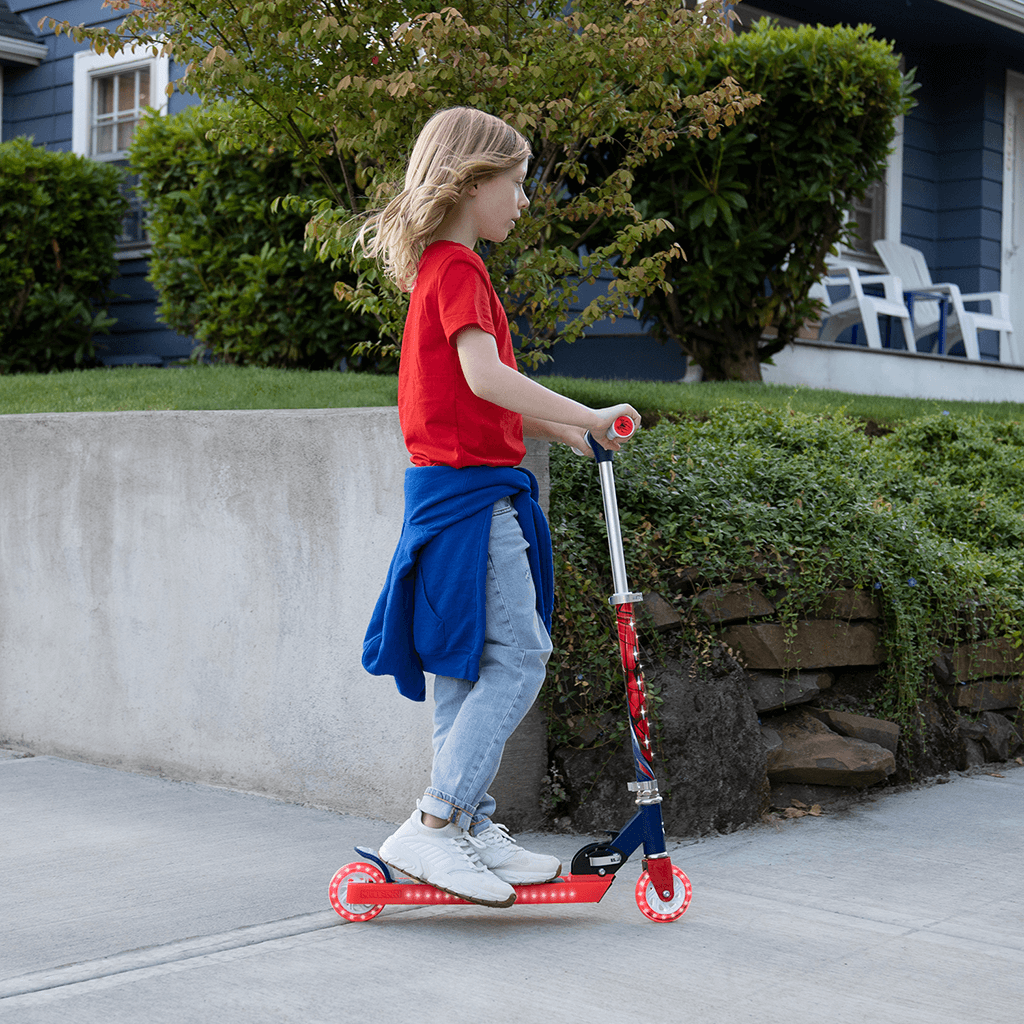 Spider-Man Kids Kick Scooter - 3 Wheel LED Light Up Scooter for Boys & Girls Ages 5-12 - Foldable & Adjustable Height for Outdoor Play, Commuting, and Neighborhood Fun