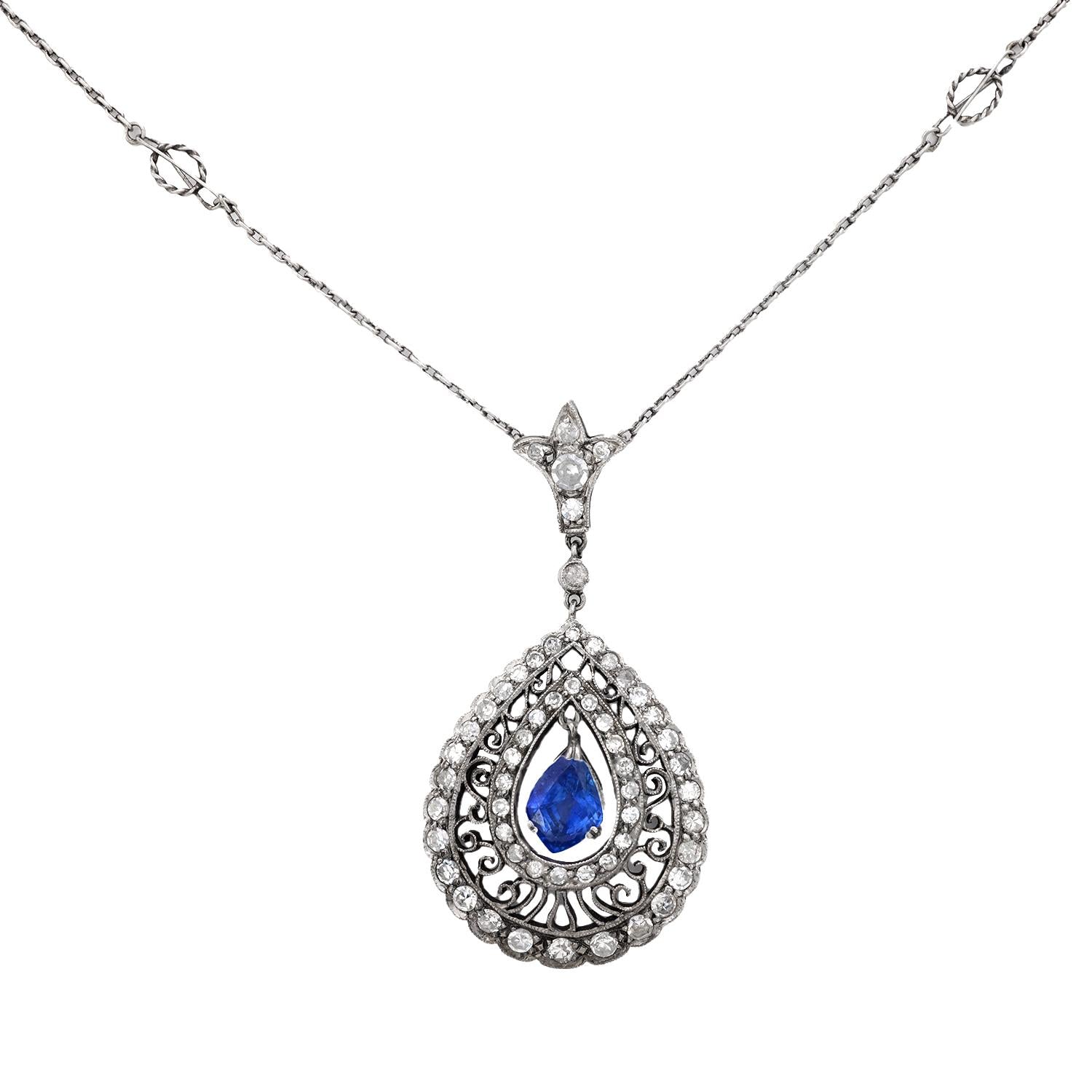 Edwardian 2 Carat Sapphire & Diamond 18K White Gold Platinum Pendant Necklace - Elegant Vintage Jewelry for Weddings, Anniversaries & Special Occasions