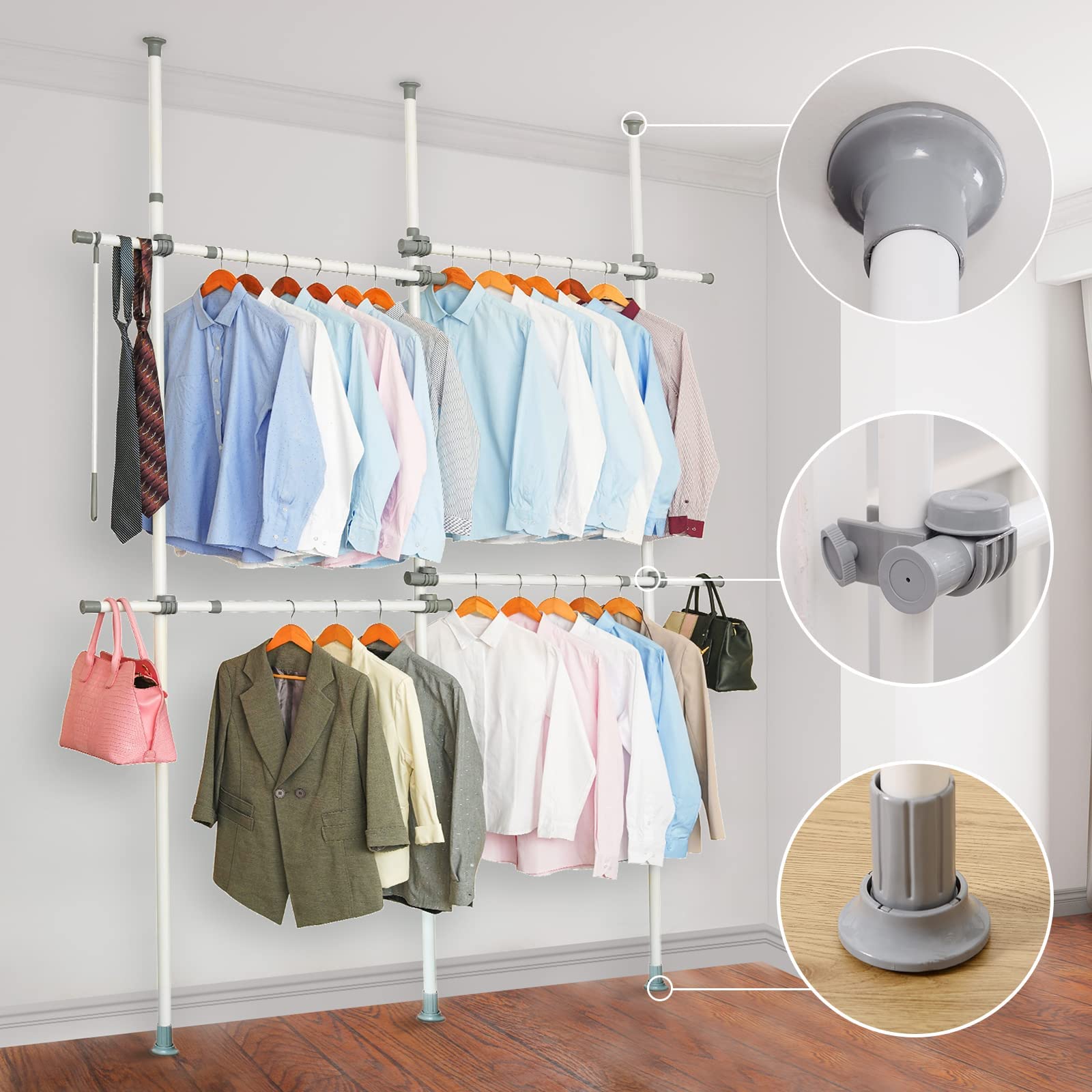 Double Clothing Rack - Adjustable Heavy Duty Garment Rack with 2 Tiers, Freestanding Closet Organizer for Bedroom, Laundry Room or Closet Storage - White