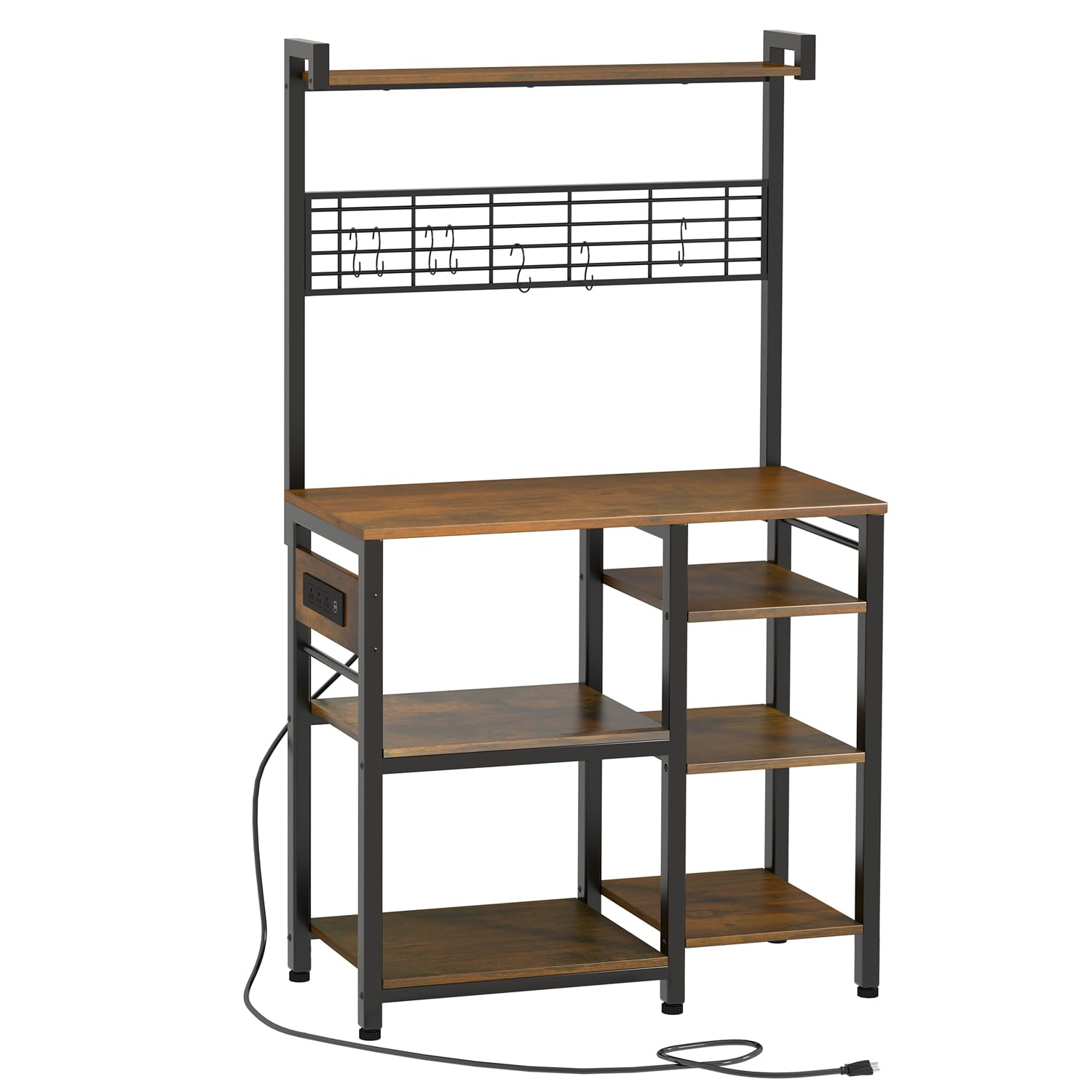 5-Tier Large Bakers Rack with Power Outlet & Storage - Rustic Brown Kitchen Organizer with 7 Hooks, Microwave Stand & Coffee Bar Station - Perfect for Small Kitchens, Pantry Organization & Home Decor