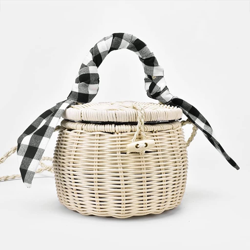 Rattan Handbag with Lattice Silk Scarf - Portable Straw Beach Bag for Women - Cylinder Small Jar Design - Perfect for Summer Outings, Vacations & Beach Trips (One Size, Color A)