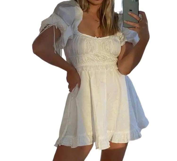 Sexy White Puff Sleeve Mini Dress with Ruffle Trim & Square Neckline - Elastic Bust Summer Party Dress for Women | Perfect for Cocktail Parties, Date Nights & Special Occasions