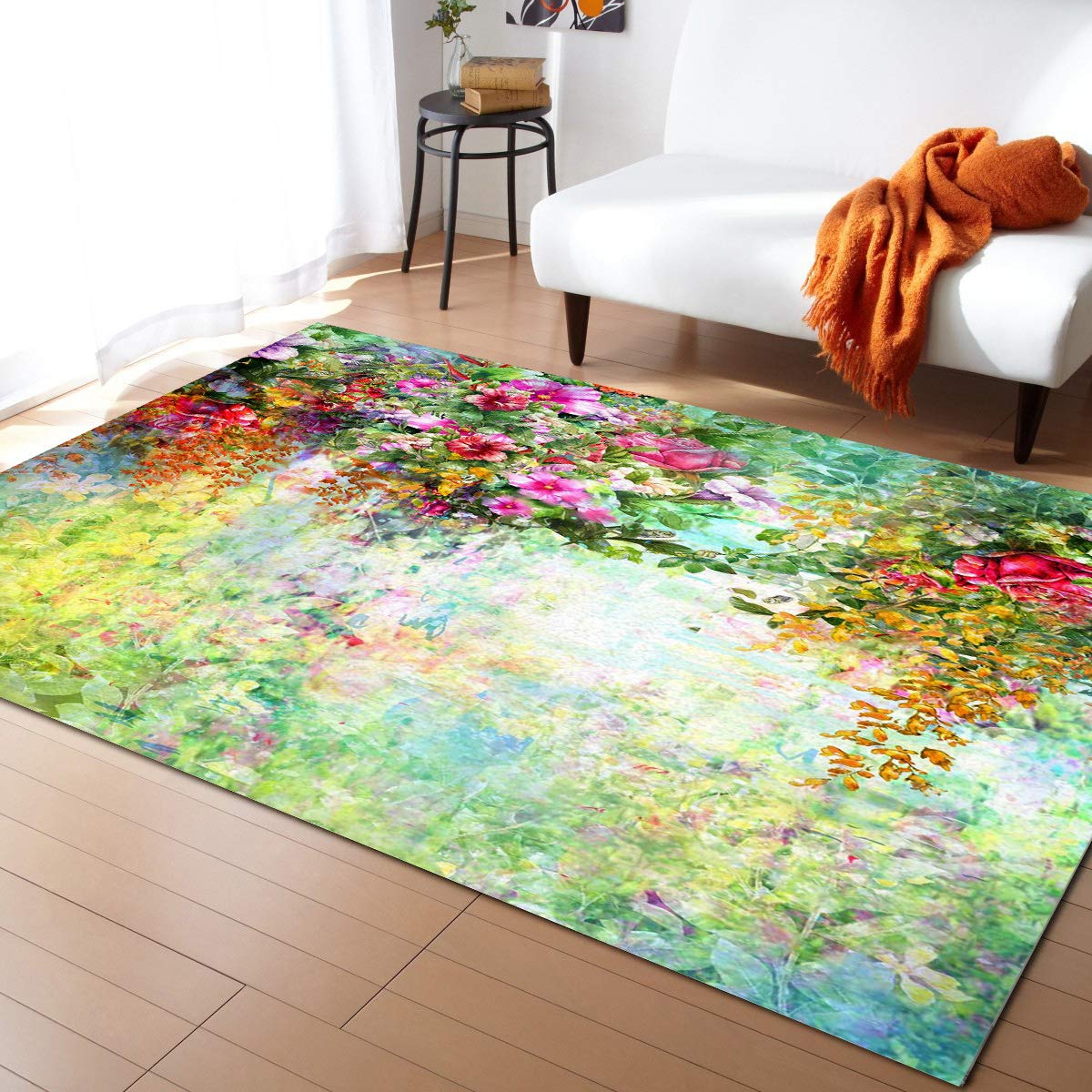 4' x 6' Non-Slip Indoor Area Rug with Watercolor Floral Design - Morning Glory Rose Flowers Modern Throw Carpet for Living Room, Bedroom, Nursery | Soft Floor Mat for Home Decor & Kids Play Area
