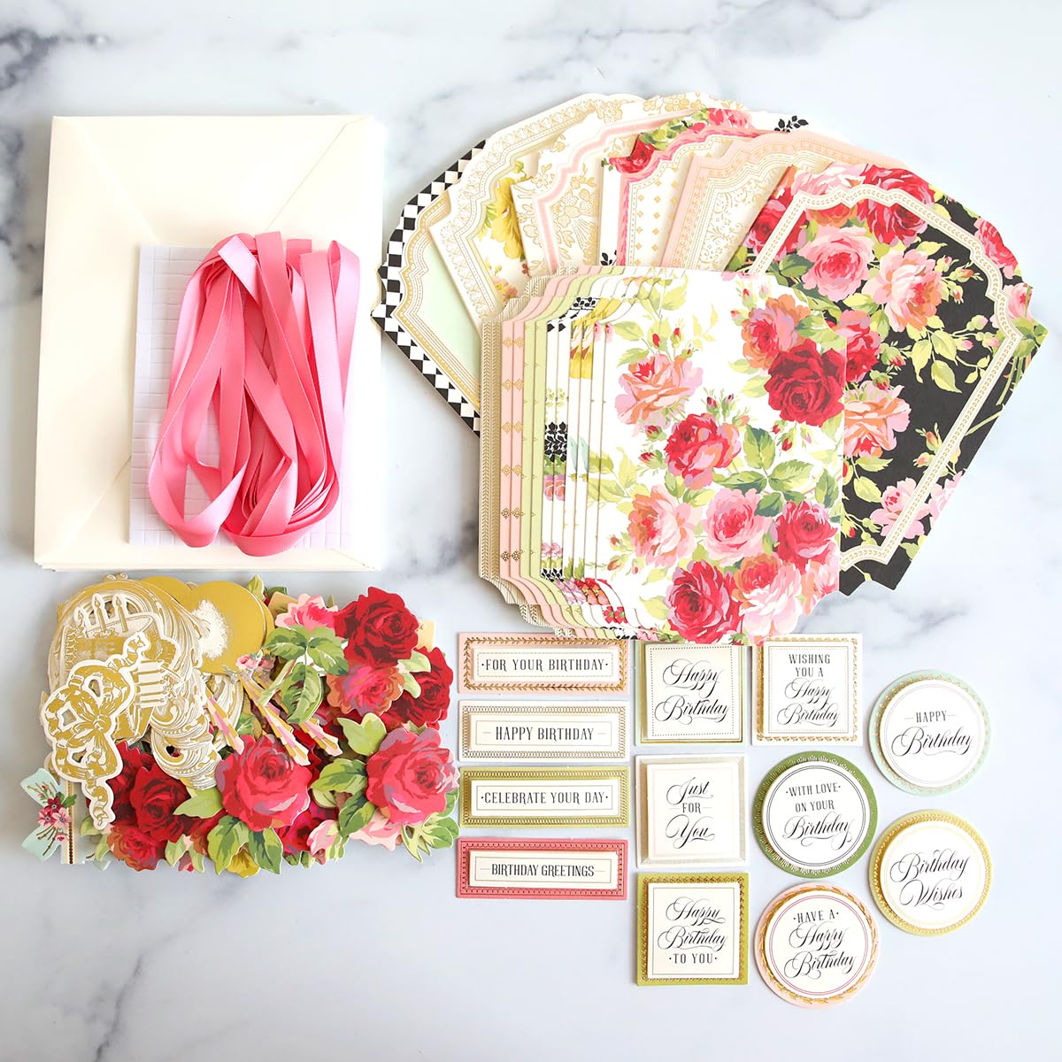 Anna Griffin Simply Birthday Card Kit - DIY 12 Unique Handmade Greeting Cards with Pre-Cut Materials, Embellishments & Satin Ribbons - Complete Step-by-Step Guide - Perfect for Birthday Parties, Crafting Gifts & Scrapbooking Projects