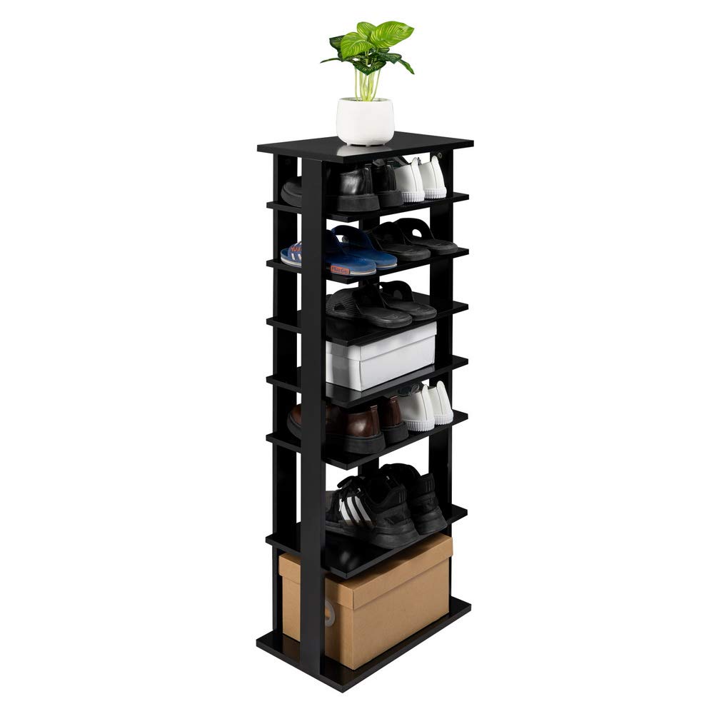 7-Tier Shoe Rack Organizer - Space Saving Vertical Shoe Storage Shelf for Entryway, Closet & Bedroom - Sturdy Wooden Shoe Shelf with Adjustable Heights in Black - Perfect for Small Spaces & Shoe Collection Organization
