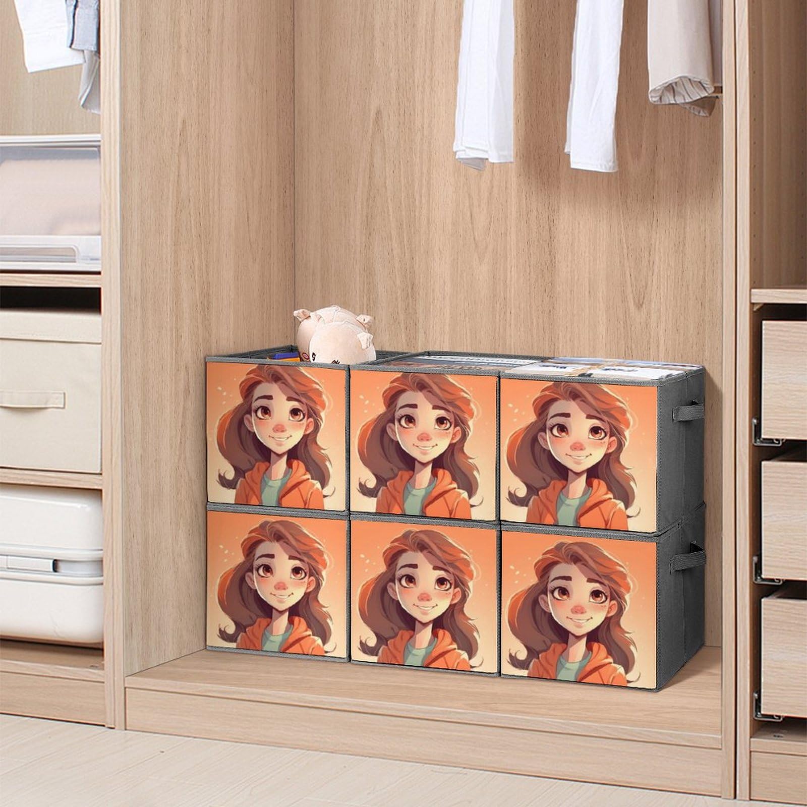 6-Pack Cartoon Girl Collapsible Storage Bins with Handles - Large Foldable Closet Organizer Baskets for Clothes, Toys & Home Organization - Perfect for Bedroom, Kids Room & Dorm Storage Solutions