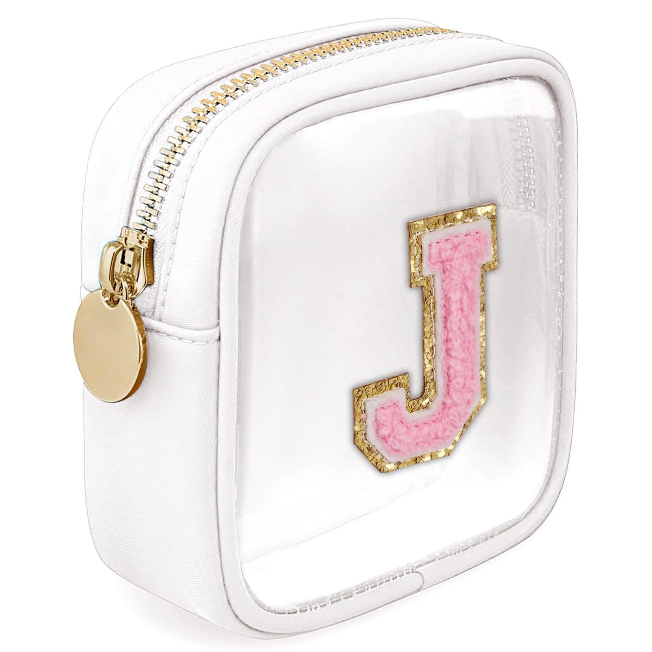 Clear Makeup Bag Mini Cosmetic Pouch for Women - Waterproof Travel Toiletry Organizer with Zipper - Cute Letter Design (White, J) - Perfect for Travel, Gym, and Daily Cosmetics Storage