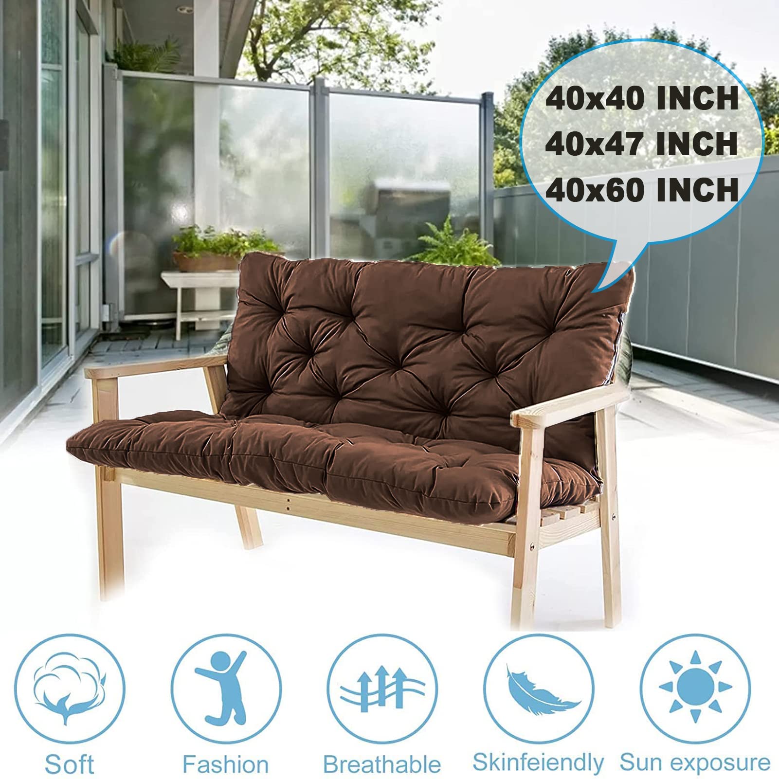 **60 Inch Waterproof Outdoor Bench Cushion with Backrest – Thickened Patio Swing Cushion for 3-Seater Porch Furniture (Brown, 40x60 Inch) – Perfect for Garden, Deck, and Backyard Relaxation**