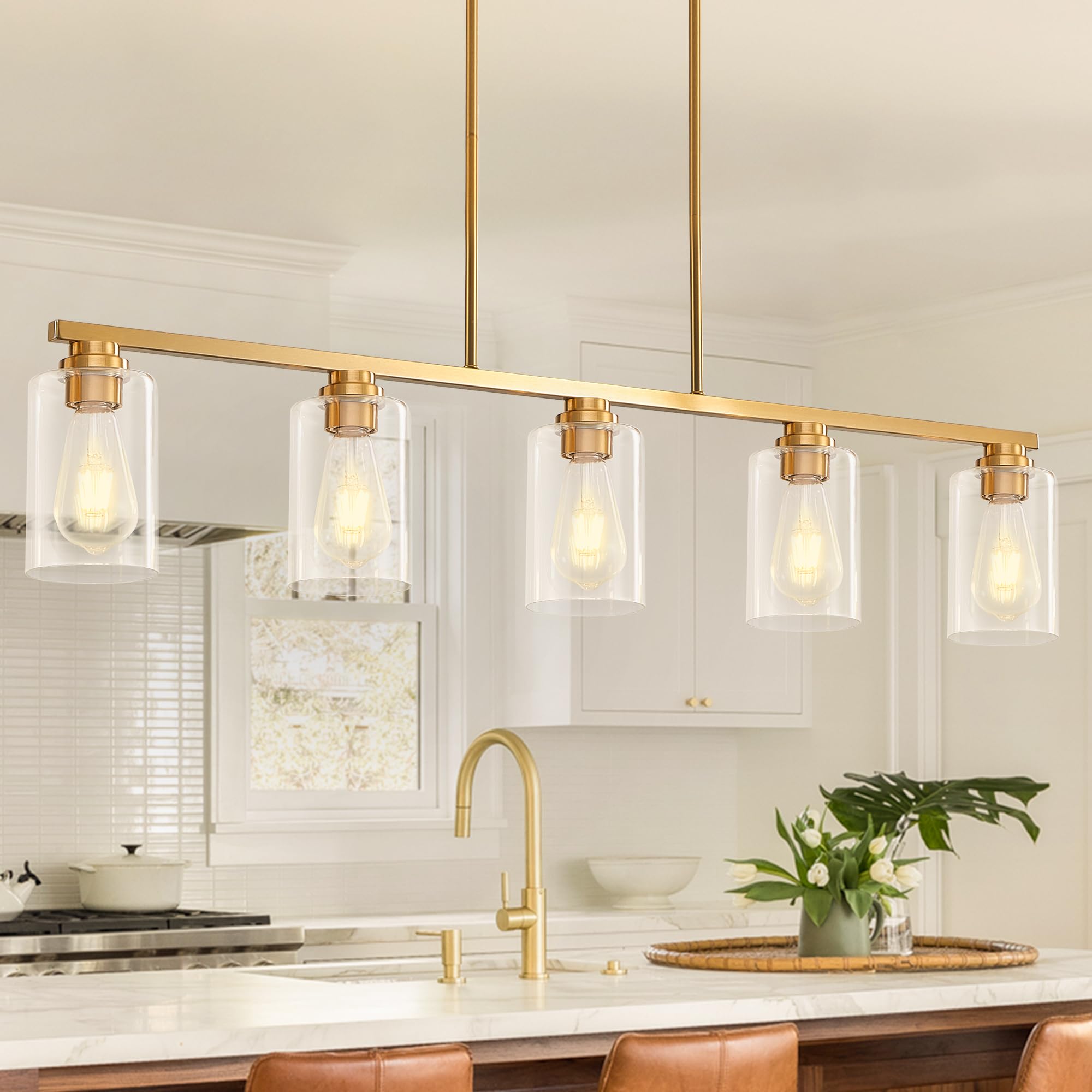 5-Light Brushed Gold Linear Chandelier Pendant Lighting for Kitchen Island, Dining Table & Living Room - Modern Farmhouse Style Fixture for Dining Room, Kitchen & Home Decor | Perfect for Open Concept Spaces, Entertaining & Ambient Lighting