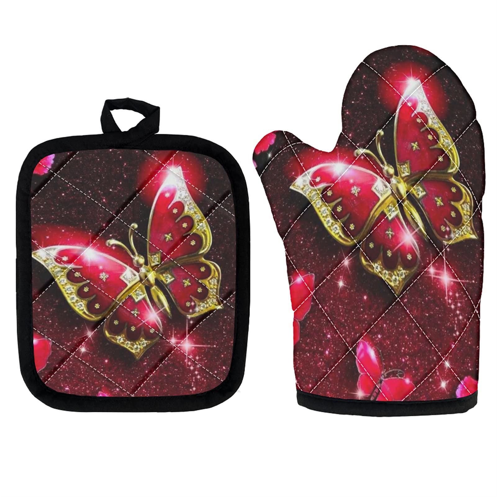 Heat Resistant Butterfly Oven Mitts & Pot Holders - Thickened Kitchen Gloves for BBQ, Cooking, Baking - Microwave Safe Oven Mittens (1 Pair, Red) - Perfect for Grilling, Baking, and Handling Hot Dishes