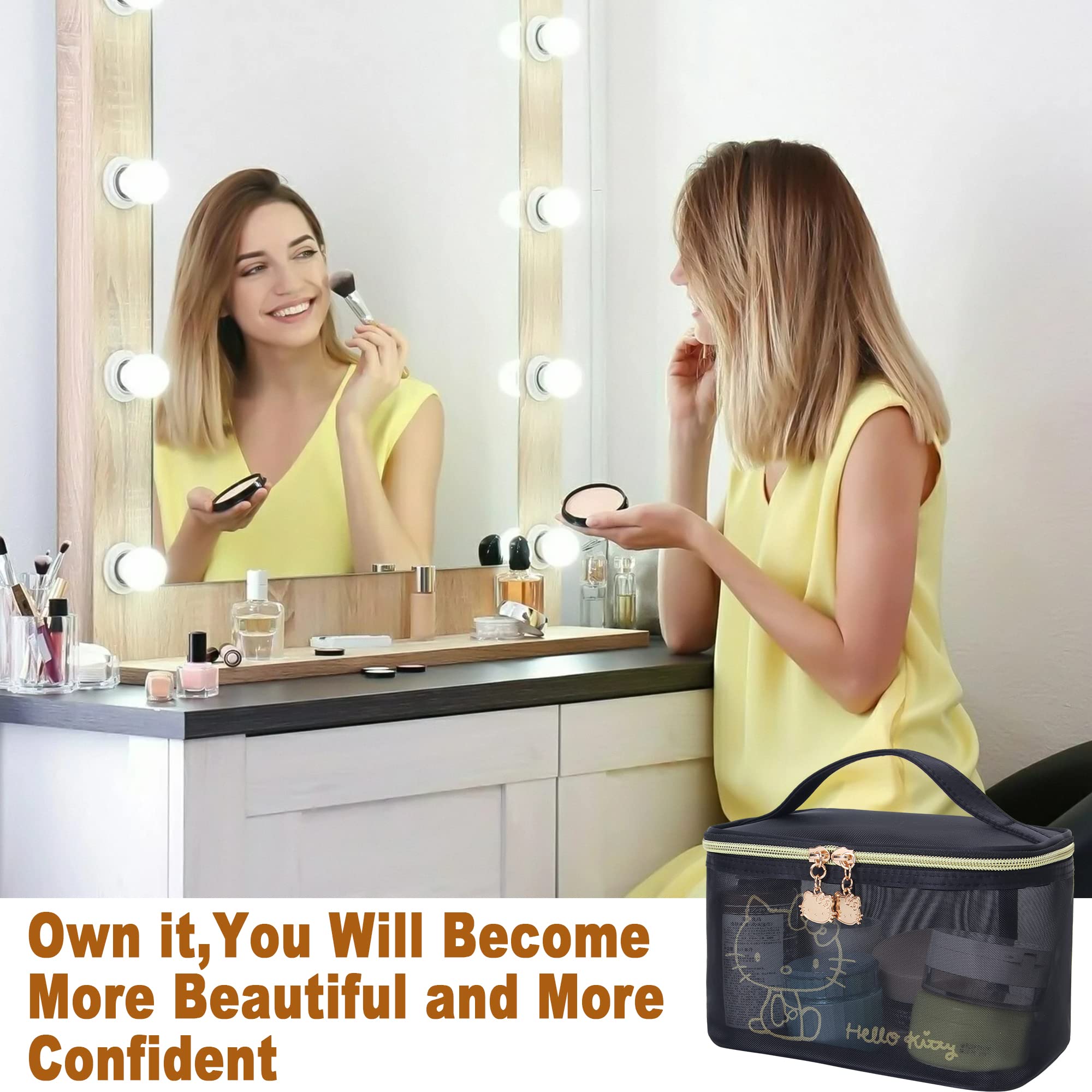 AmBealla Large Cosmetic Makeup Bag - Black Nylon Mesh Travel Organizer with Handle for Women | Toiletry & Beauty Storage Case for Skincare Tools, Makeup Brushes | Perfect for Travel, Home Organization & Gift for Girls