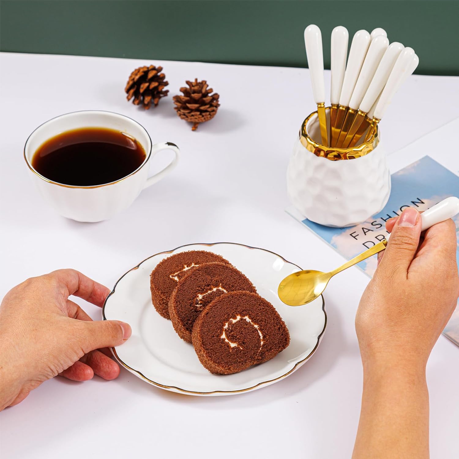 9-Piece Ceramic Coffee Spoon Set with Jar - 8 Small Spoons for Coffee, Tea, Ice Cream & Cake - Elegant Ceramic Handle Dessert Spoons for Home, Cafe & Gift Giving