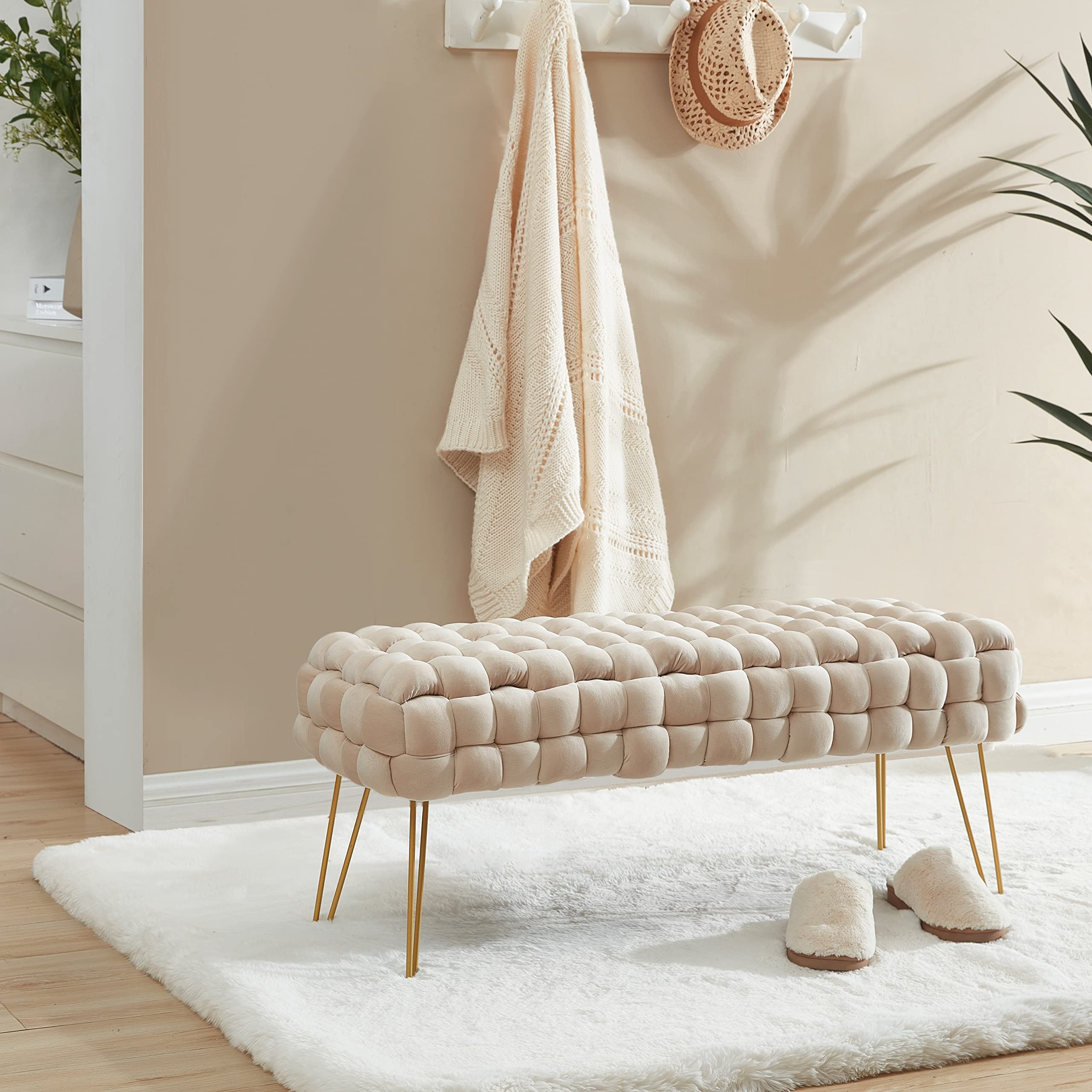 Ornavo Home Mirage Modern Contemporary Woven Upholstered Velvet Long Bench Ottoman with Gold Metal Legs - Cream | Stylish Living Room Seating, Bedroom Footrest & Entryway Decor