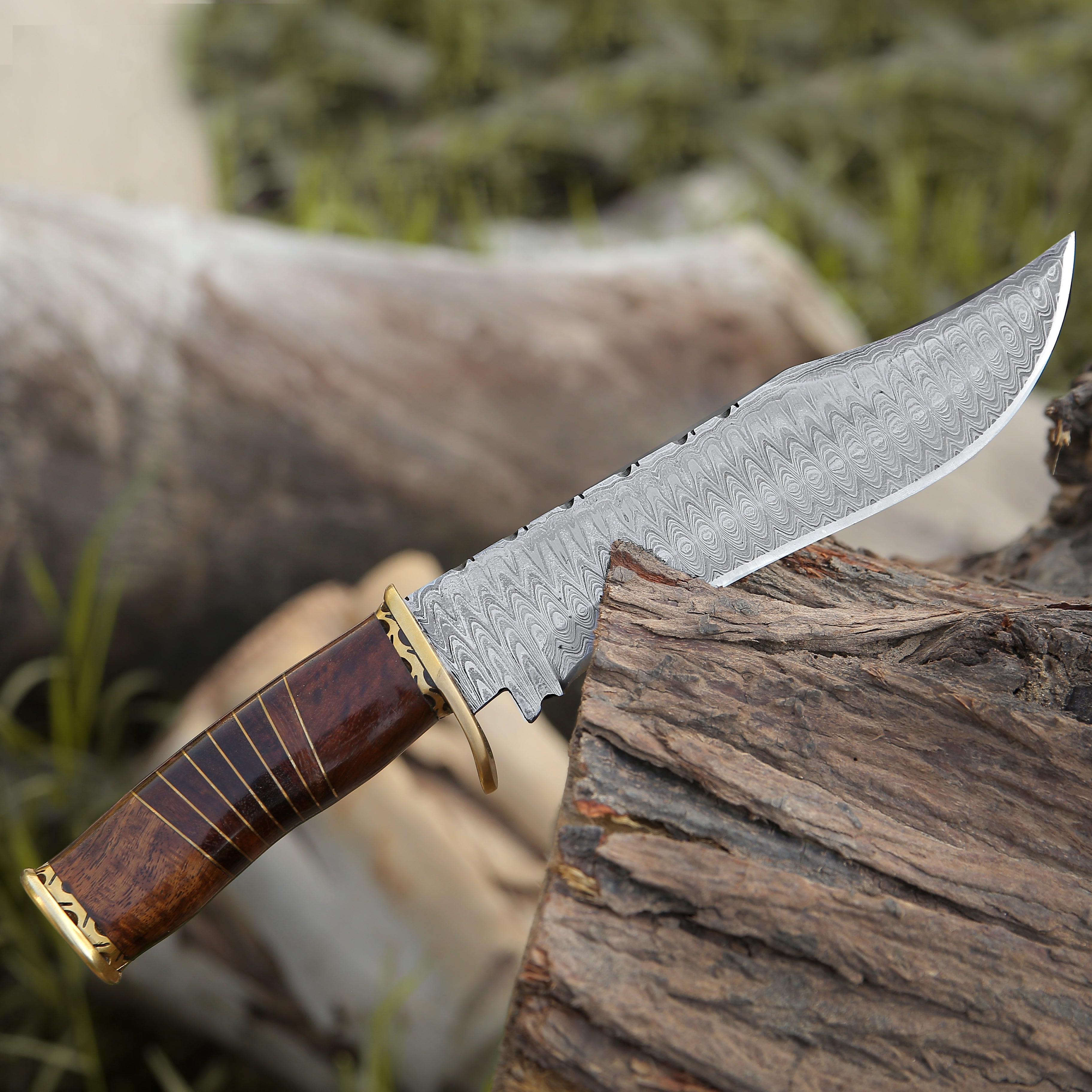 Premium Damascus Steel Bowie Knife with Rosewood Mosaic Handle - Hunting, Camping & Outdoor Survival Tool