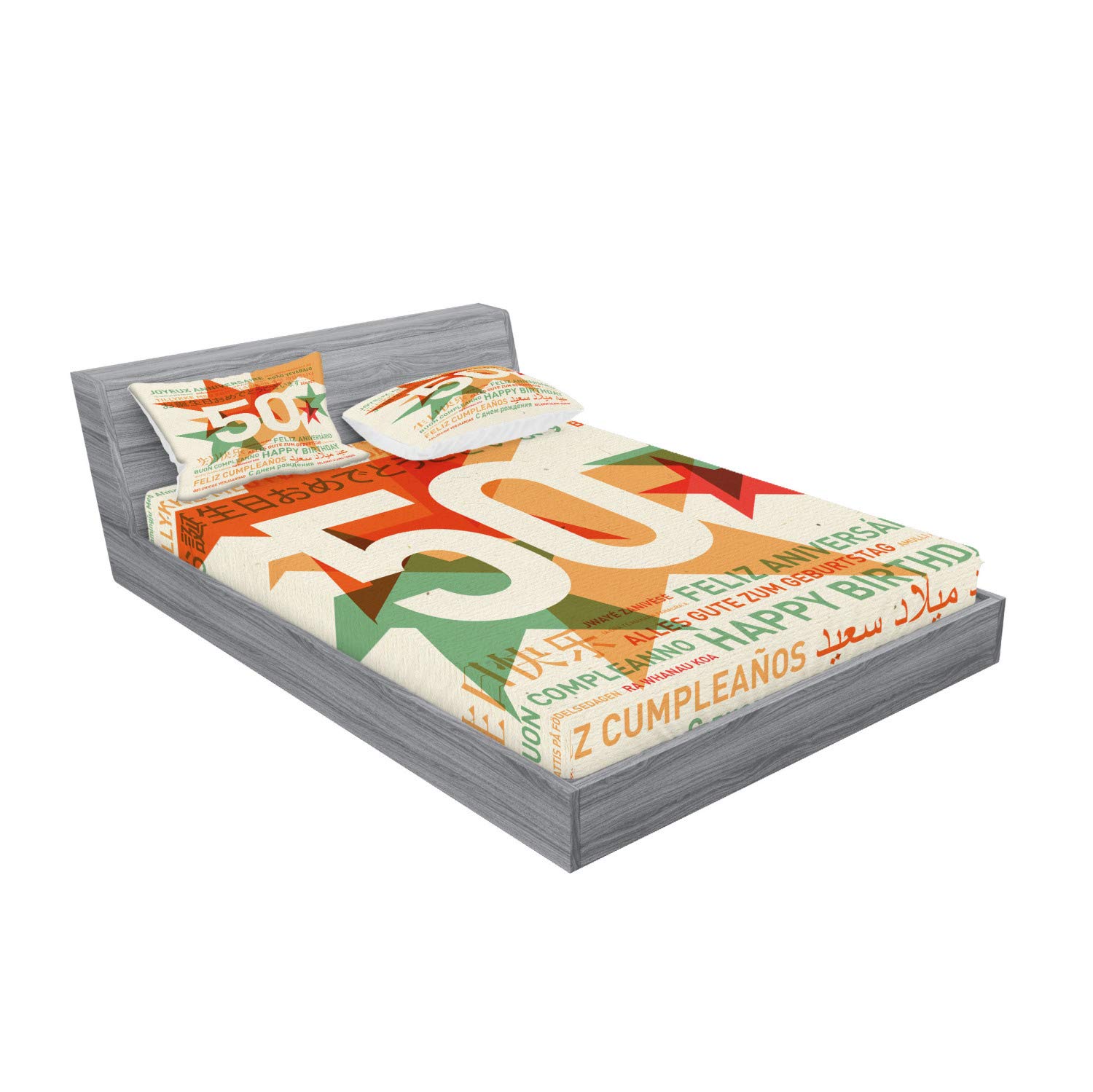 Ambesonne 50th Birthday Fitted Sheet & Pillow Sham Set - Retro Stars Print Bedding Decor in Green Red Orange (King Size) - Perfect for Birthday Parties, Themed Bedrooms & Photo Backdrops