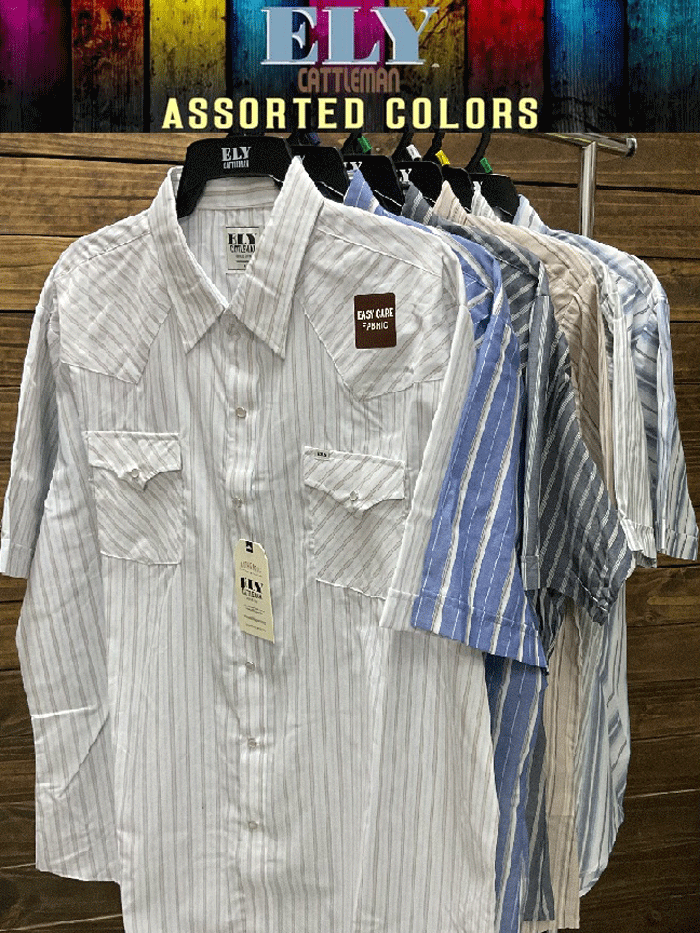 Ely Cattleman Men's Western Stripe Short Sleeve Shirt - 15202603RG - Assorted Colors for Cowboy, Rodeo & Casual Wear