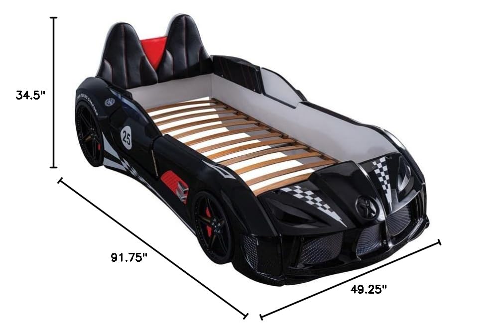 Furniture of America Sonet Plastic Twin Race Black Car Bed with LED Lights - Fun Kids Bedroom Decor for Boys & Girls, Perfect for Themed Rooms & Play Areas