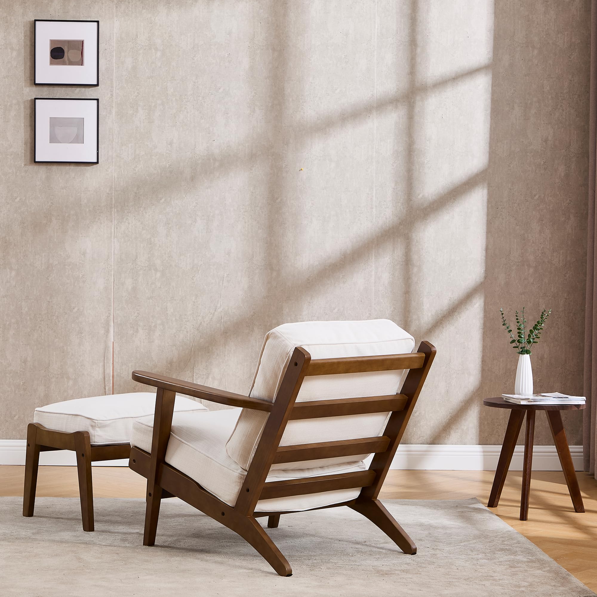 Mid Century Modern Accent Chair with Ottoman - Solid Wood Frame Upholstered Fabric Armchair for Living Room, Bedroom, Reading Nook - Elegant Beige Lounge Chair for Relaxation & Home Decor