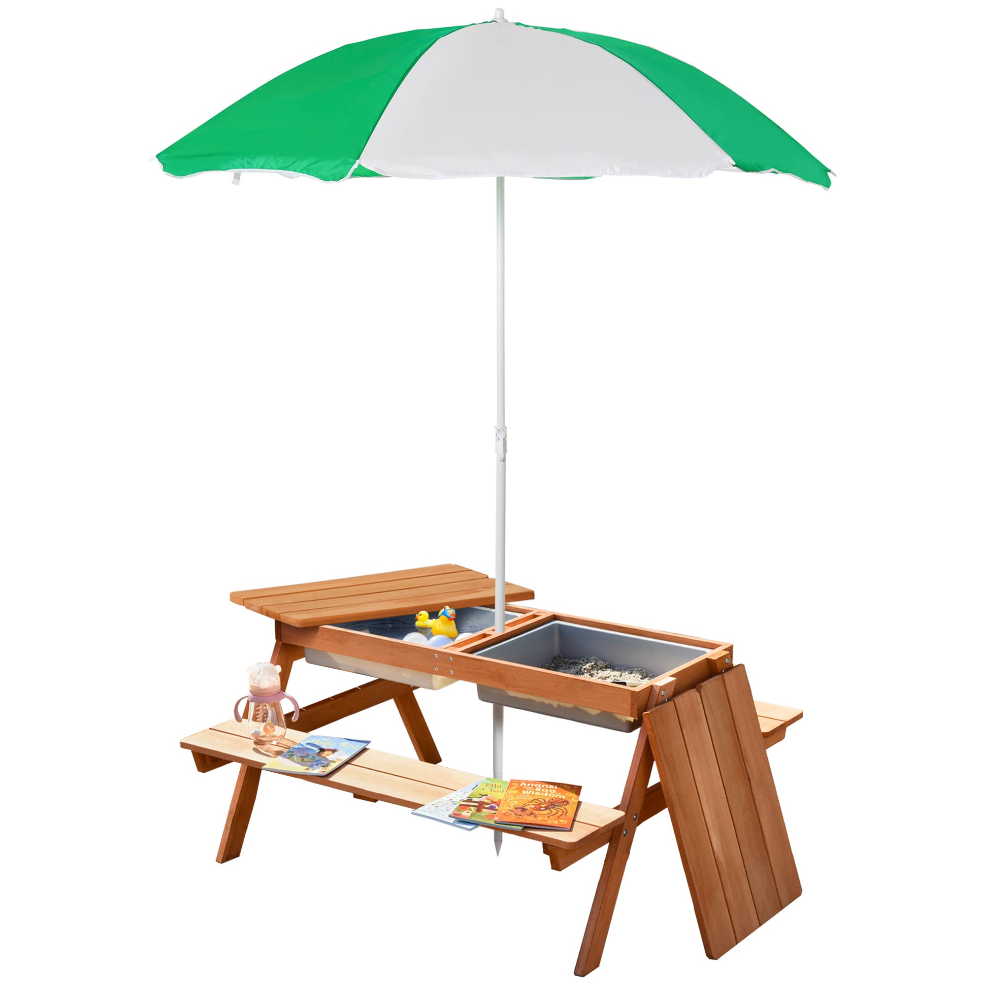 Outsunny Kids Picnic Table with Umbrella & Storage | Sand & Water Play Table | Wooden Outdoor Bench for Garden, Patio, Balcony | Perfect for Backyard Playdates, Summer BBQs & Toddler Activities